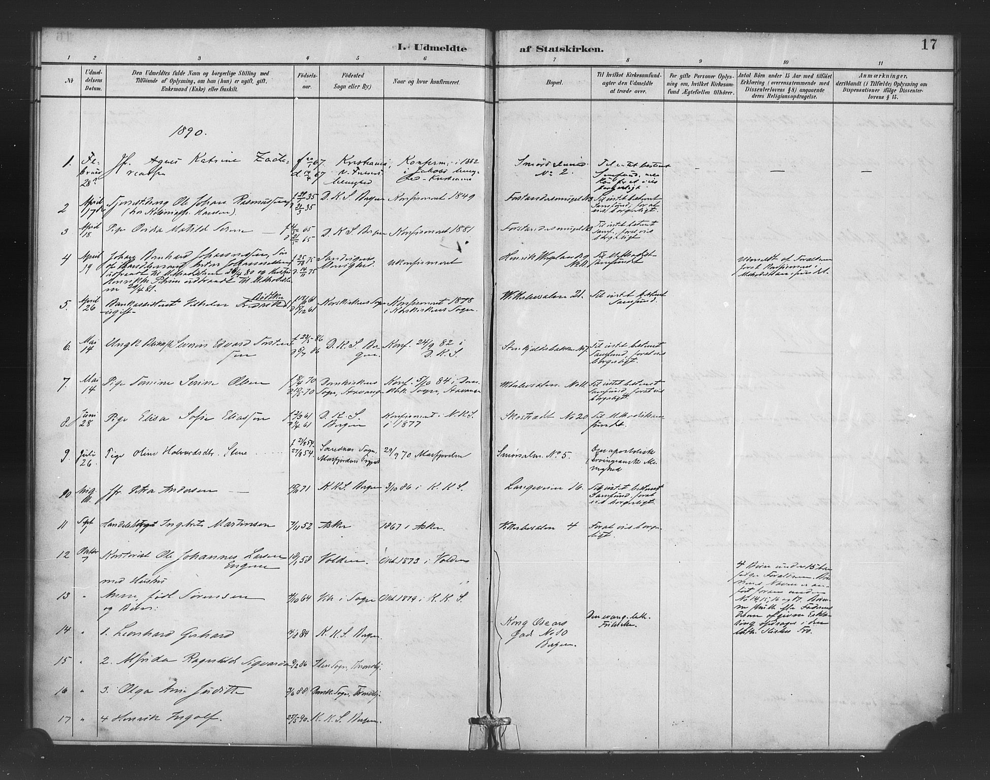 Korskirken sokneprestembete, AV/SAB-A-76101/H/Haa/L0052: Parish register (official) no. G 2, 1887-1899, p. 17