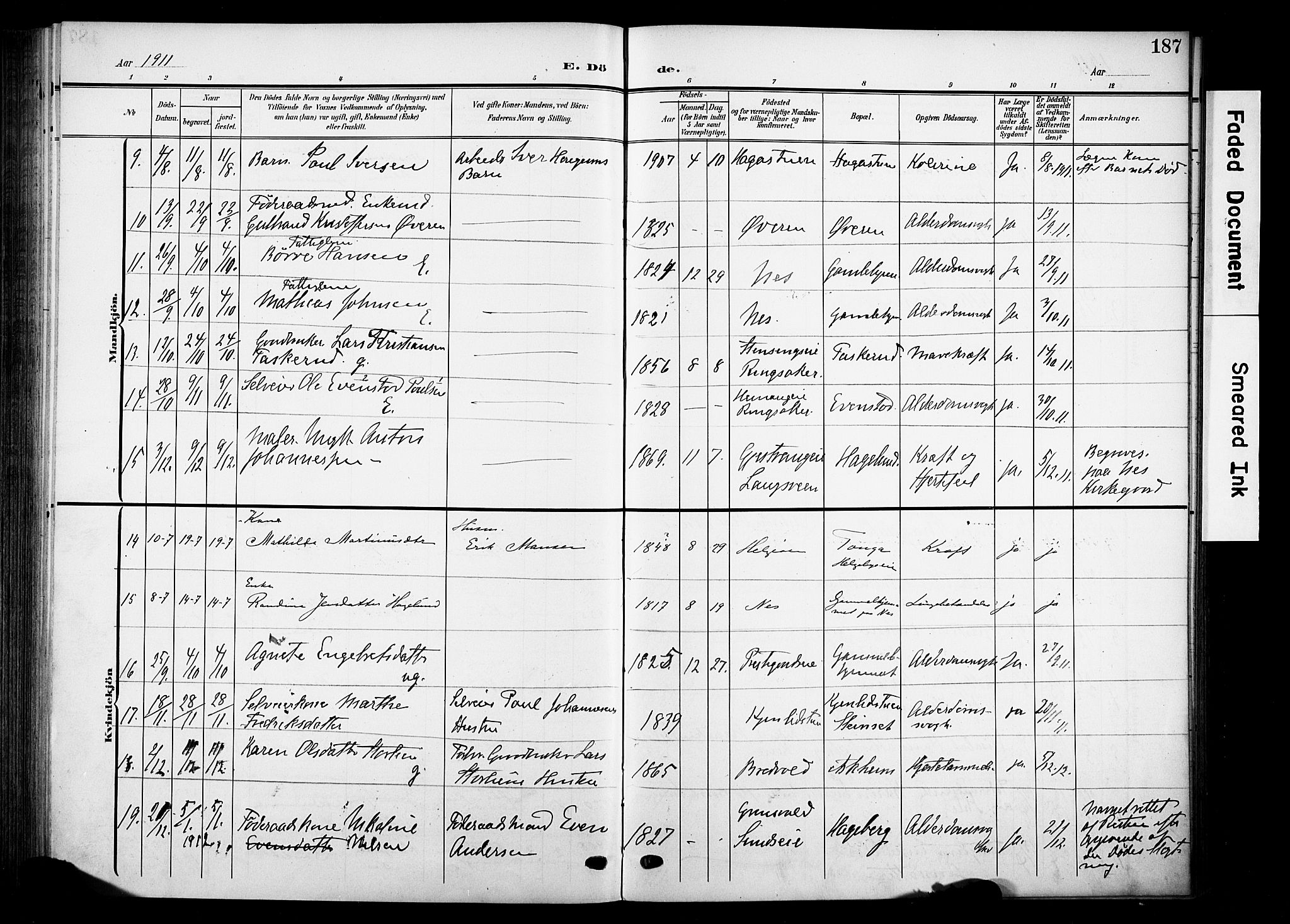 Nes prestekontor, Hedmark, SAH/PREST-020/K/Ka/L0013: Parish register (official) no. 13, 1906-1924, p. 187