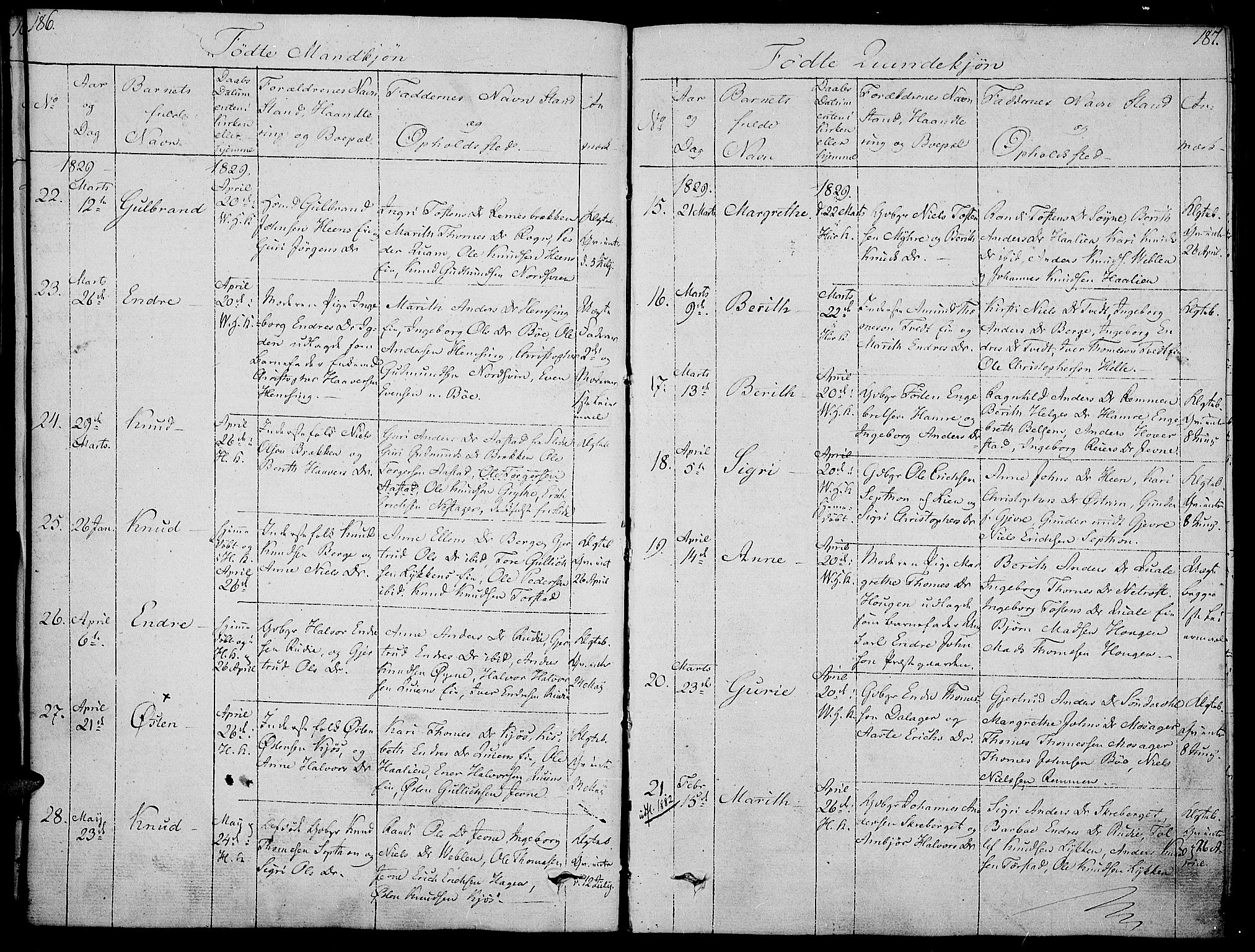 Vang prestekontor, Valdres, SAH/PREST-140/H/Ha/L0003: Parish register (official) no. 3, 1809-1831, p. 186-187
