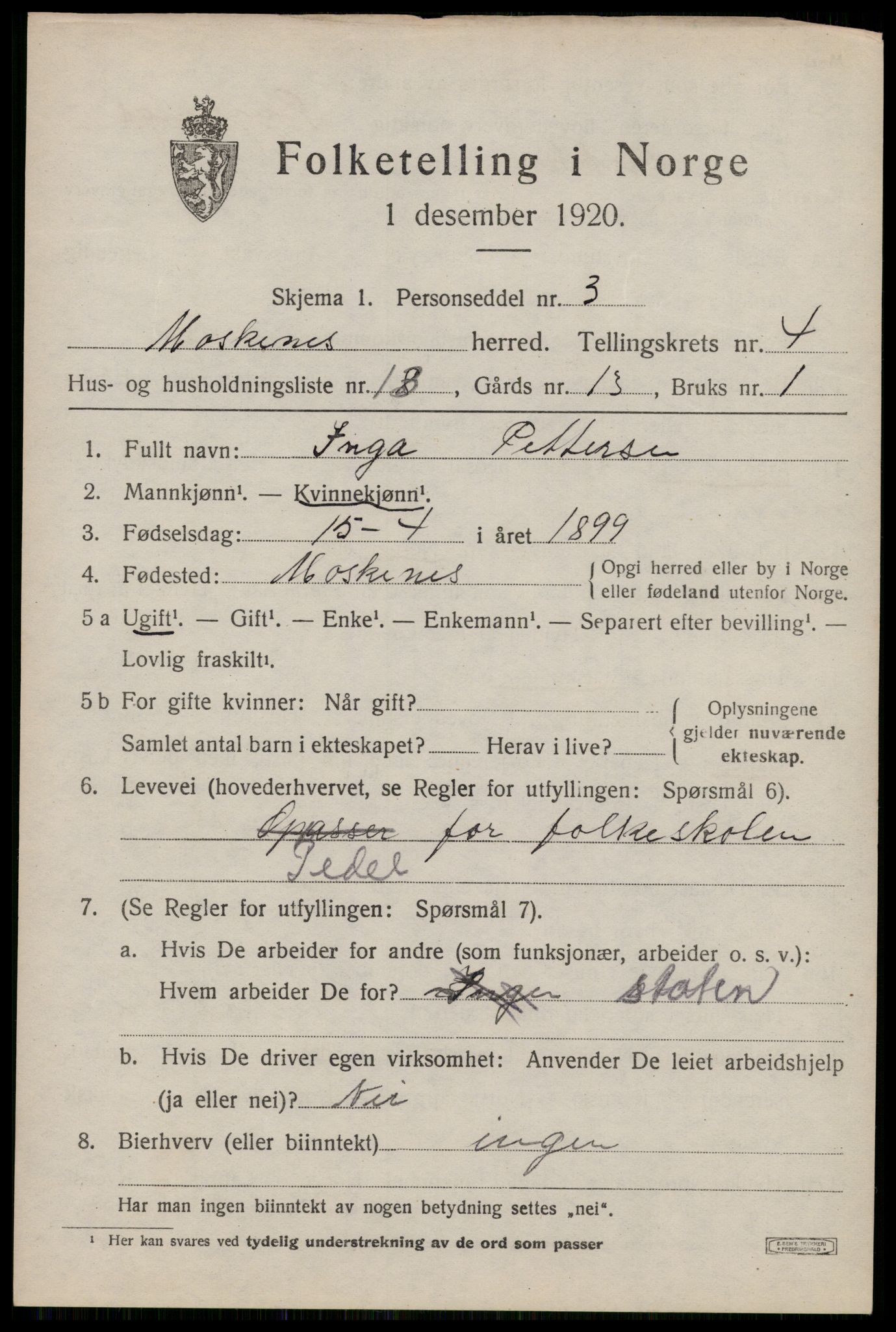 SAT, 1920 census for Moskenes, 1920, p. 2676