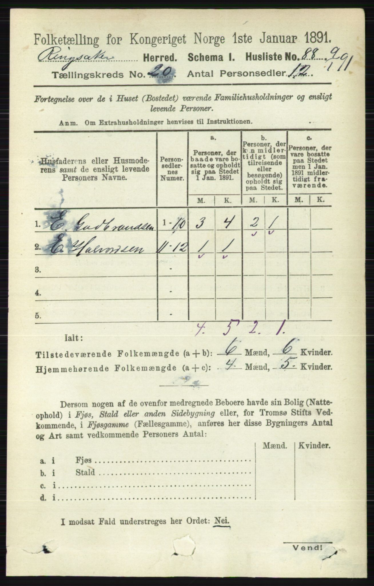 RA, 1891 census for 0412 Ringsaker, 1891, p. 11102