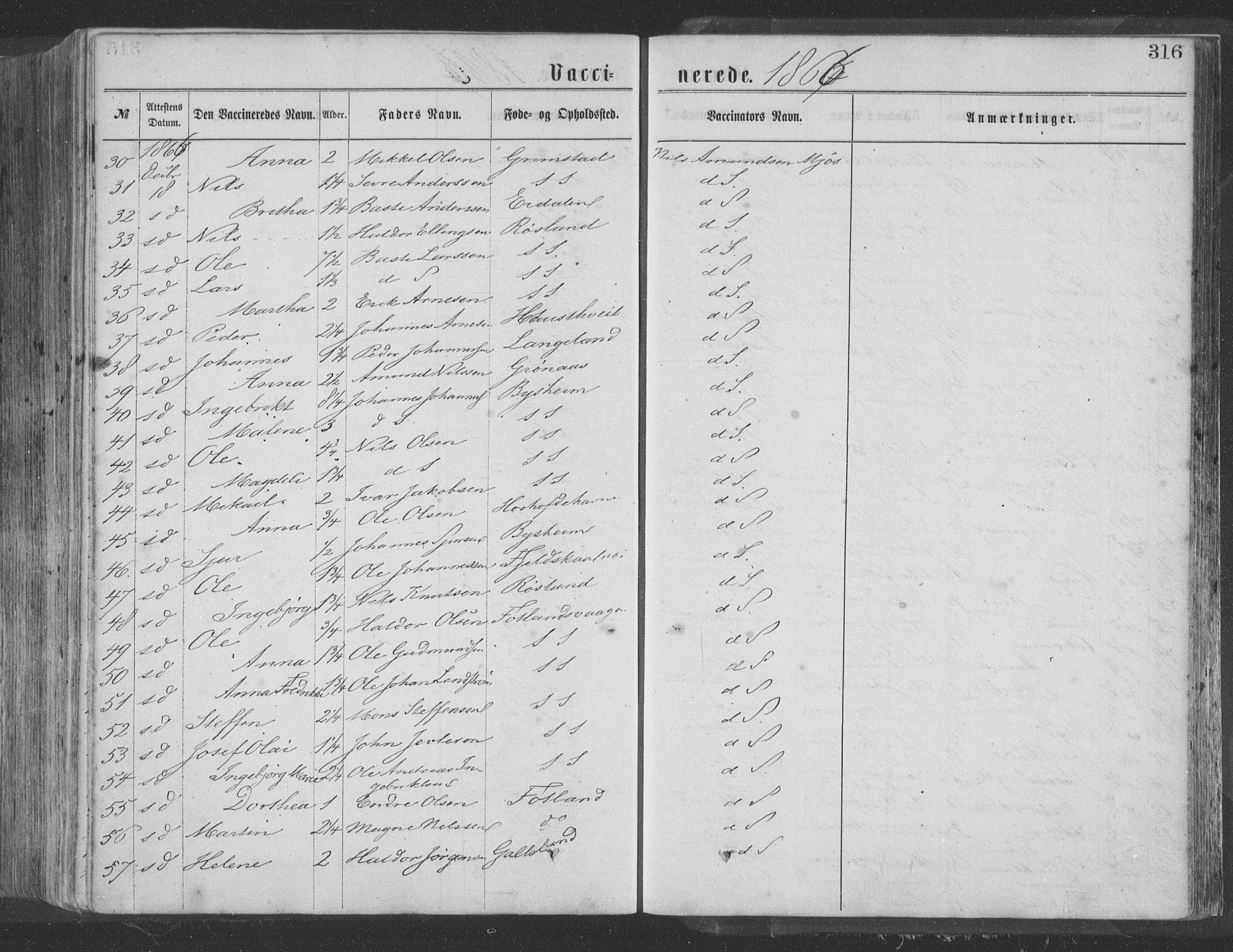 Hosanger sokneprestembete, AV/SAB-A-75801/H/Haa: Parish register (official) no. A 9, 1864-1876, p. 316