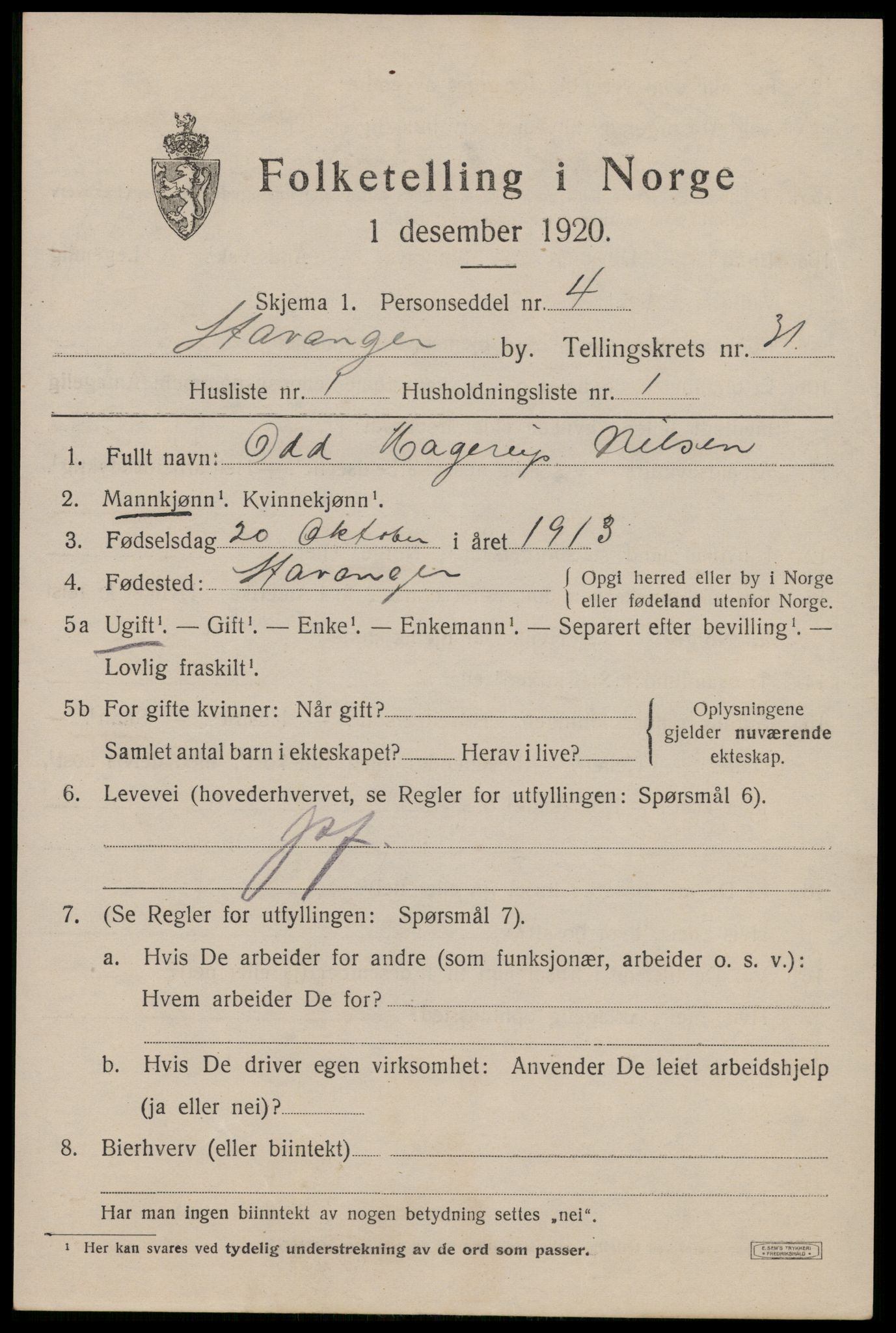 SAST, 1920 census for Stavanger, 1920, p. 86854