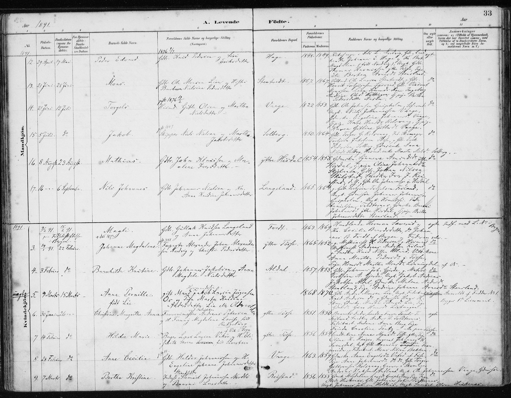 Samnanger Sokneprestembete, AV/SAB-A-77501/H/Haa: Parish register (official) no. A 1, 1885-1901, p. 33