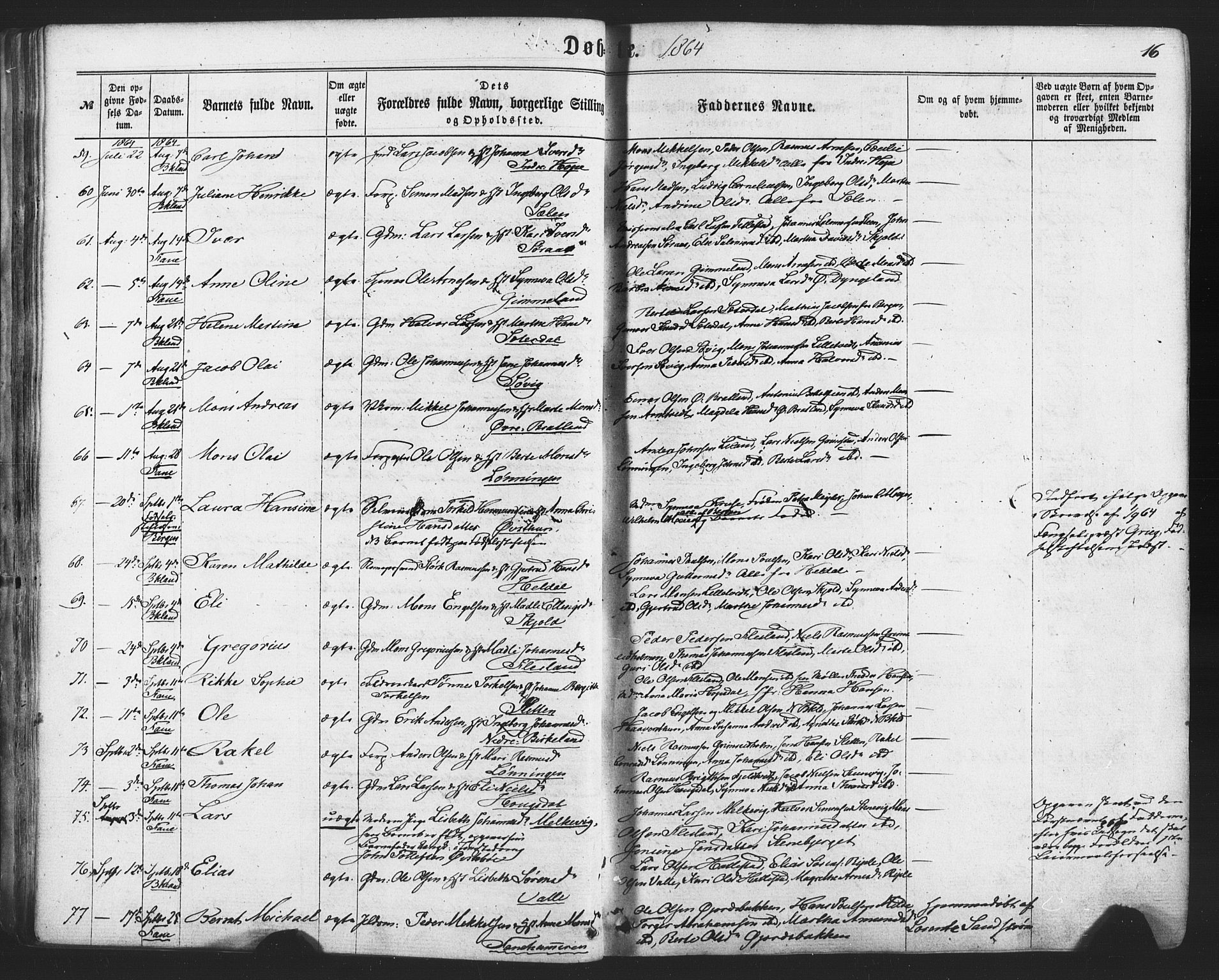 Fana Sokneprestembete, AV/SAB-A-75101/H/Haa/Haaa/L0012: Parish register (official) no. A 12, 1862-1878, p. 16