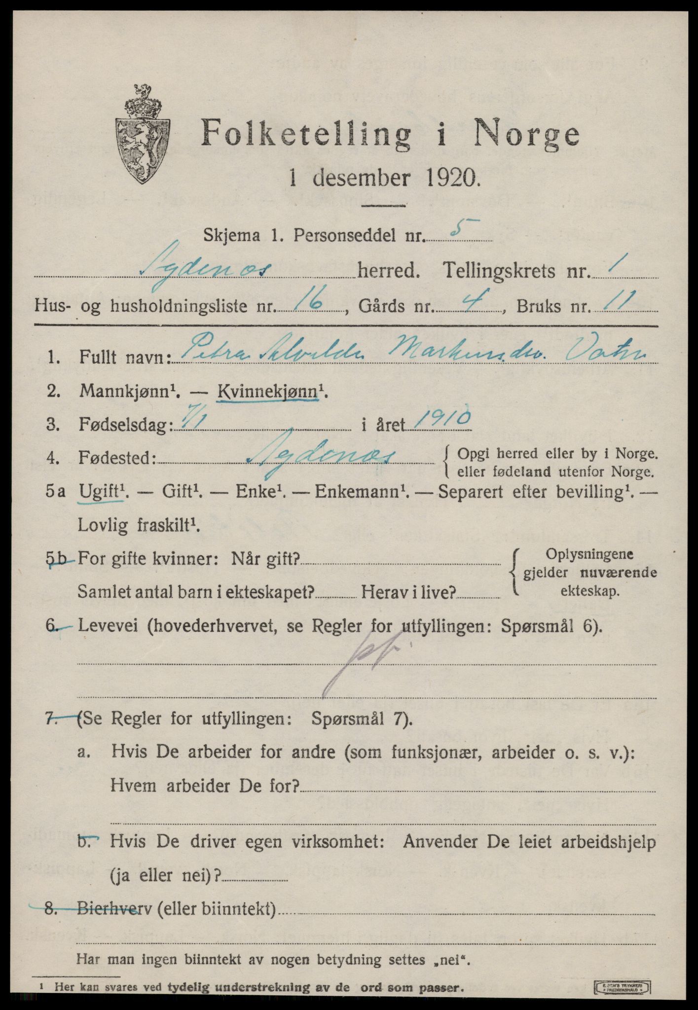 SAT, 1920 census for Agdenes, 1920, p. 693