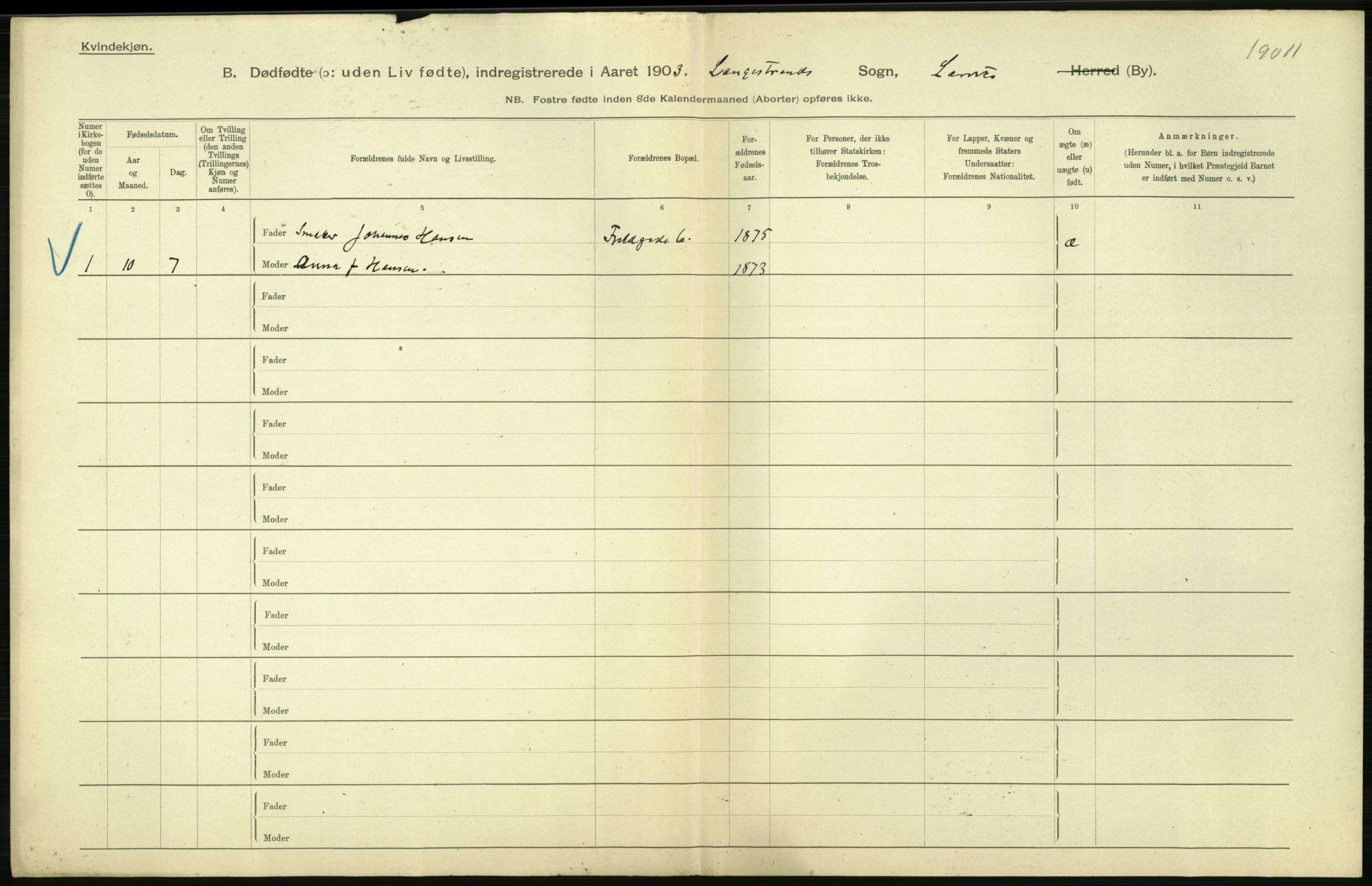 Statistisk sentralbyrå, Sosiodemografiske emner, Befolkning, AV/RA-S-2228/D/Df/Dfa/Dfaa/L0026: Smålenenes - Finnmarkens amt: Dødfødte. Byer., 1903, p. 140