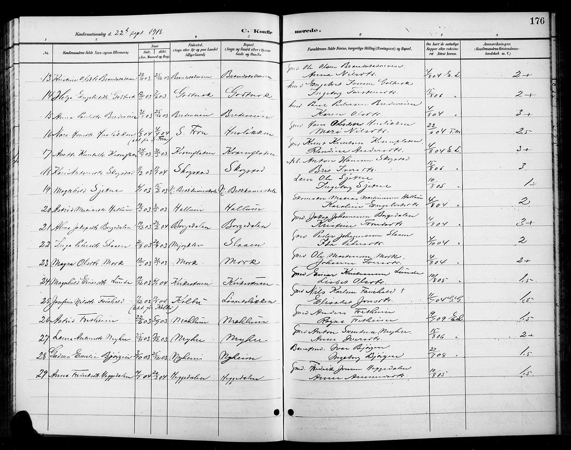 Ringebu prestekontor, SAH/PREST-082/H/Ha/Hab/L0009: Parish register (copy) no. 9, 1899-1921, p. 176