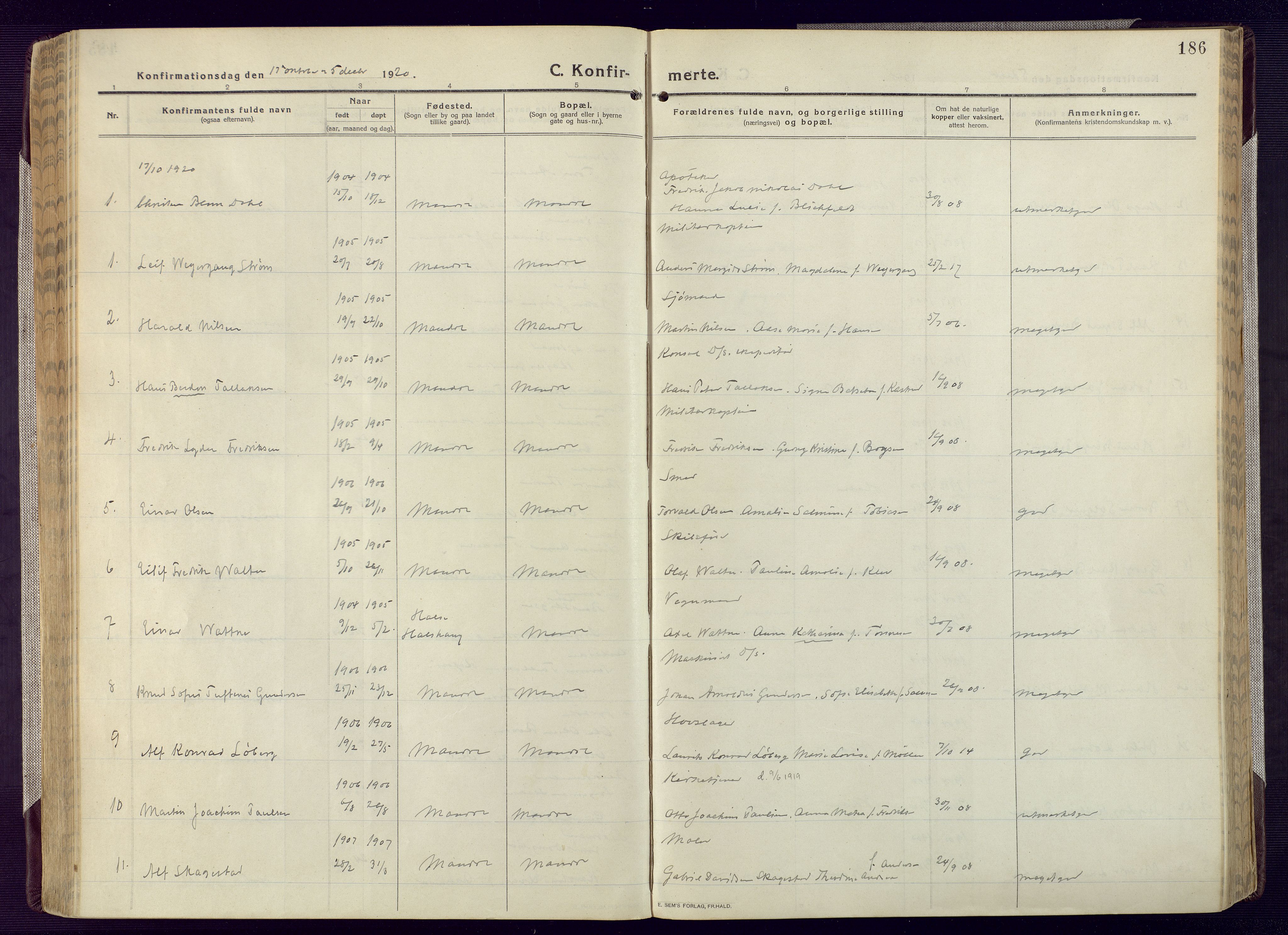 Mandal sokneprestkontor, SAK/1111-0030/F/Fa/Fac/L0001: Parish register (official) no. A 1, 1913-1925, p. 186