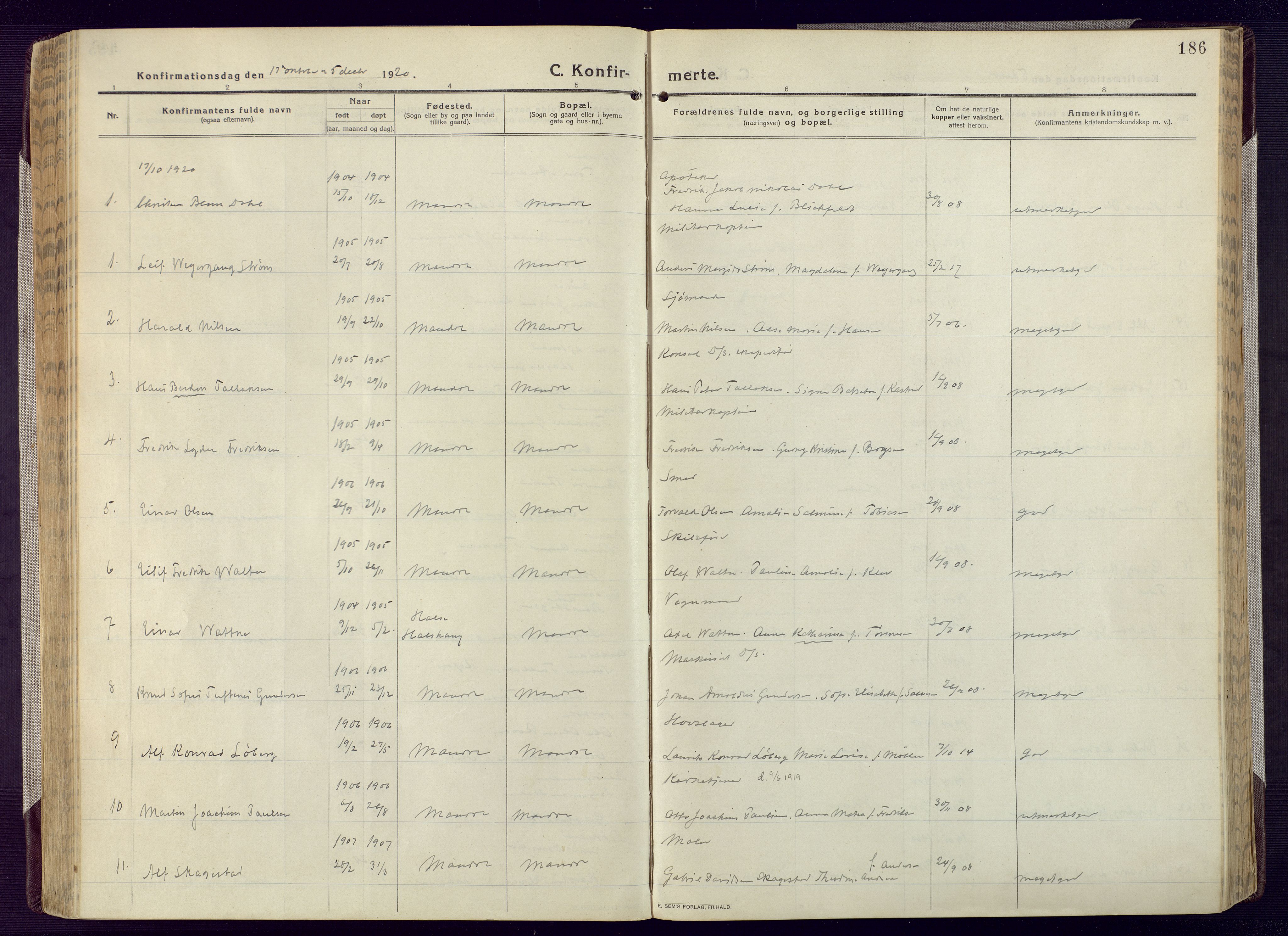 Mandal sokneprestkontor, AV/SAK-1111-0030/F/Fa/Fac/L0001: Parish register (official) no. A 1, 1913-1925, p. 186