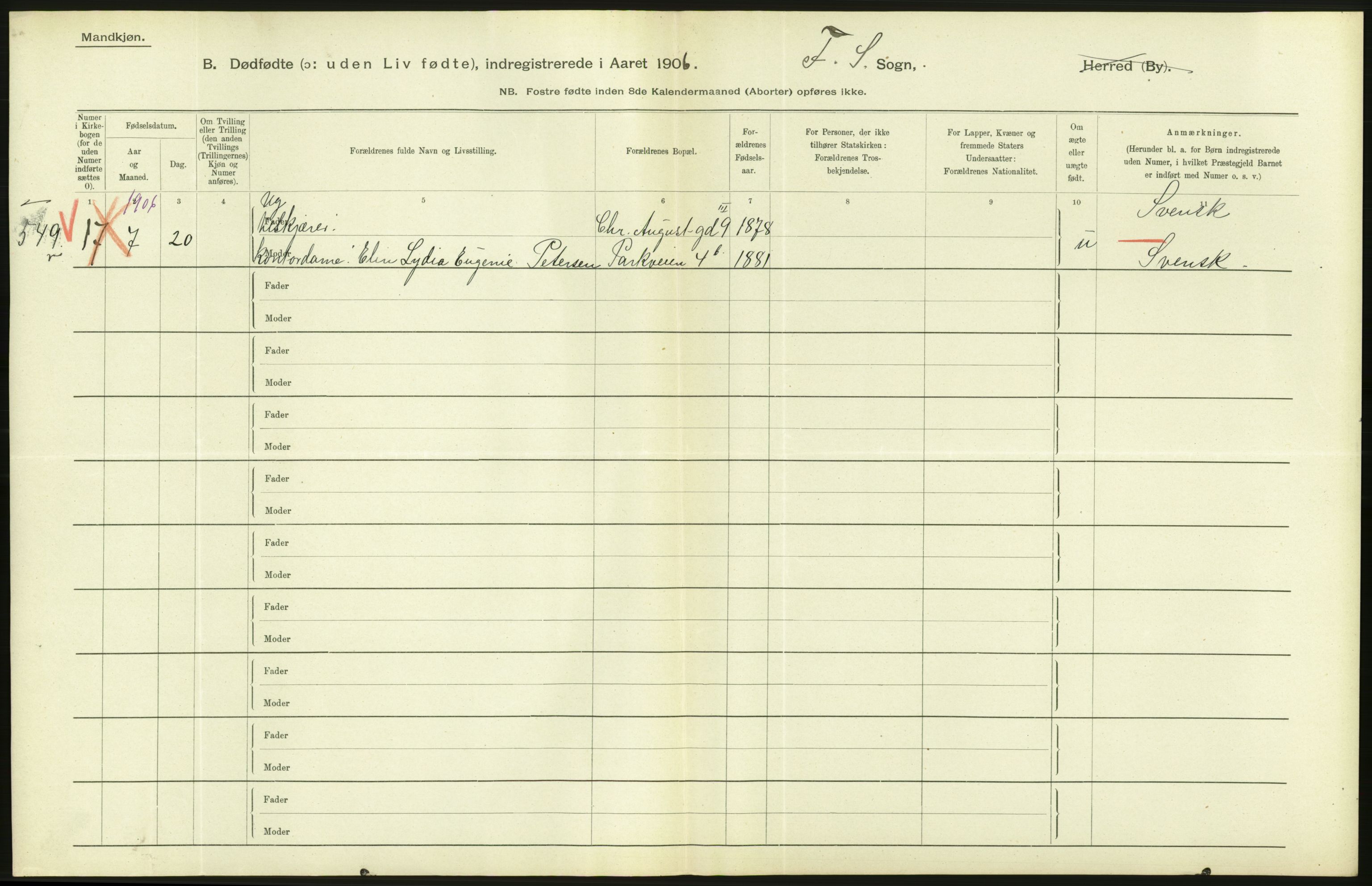 Statistisk sentralbyrå, Sosiodemografiske emner, Befolkning, AV/RA-S-2228/D/Df/Dfa/Dfad/L0010: Kristiania: Døde, dødfødte, 1906, p. 502