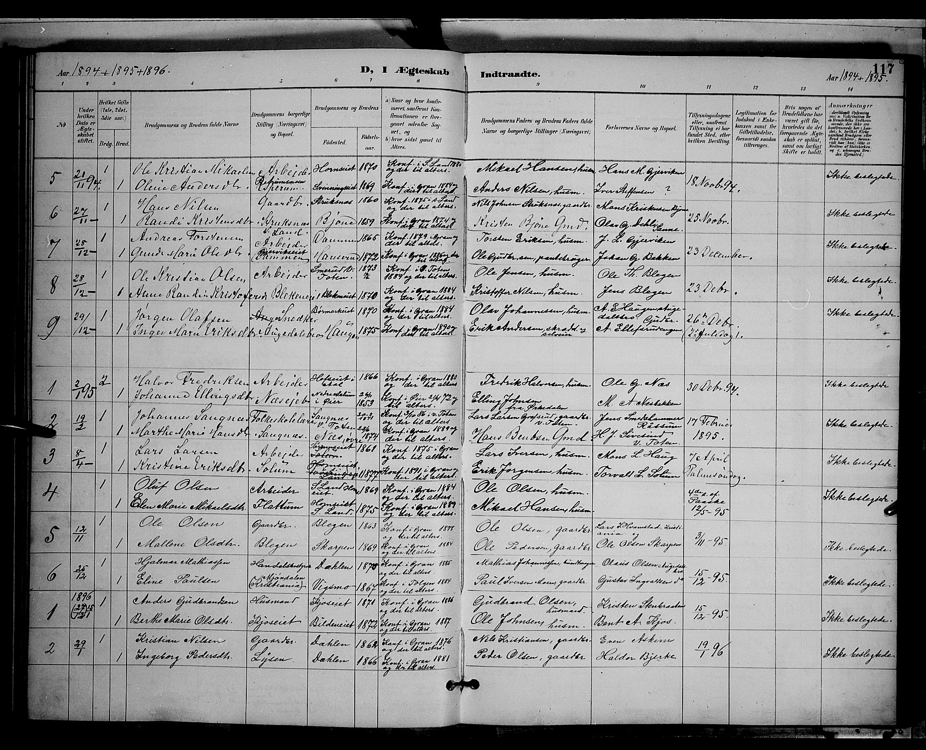 Gran prestekontor, SAH/PREST-112/H/Ha/Hab/L0004: Parish register (copy) no. 4, 1890-1899, p. 117