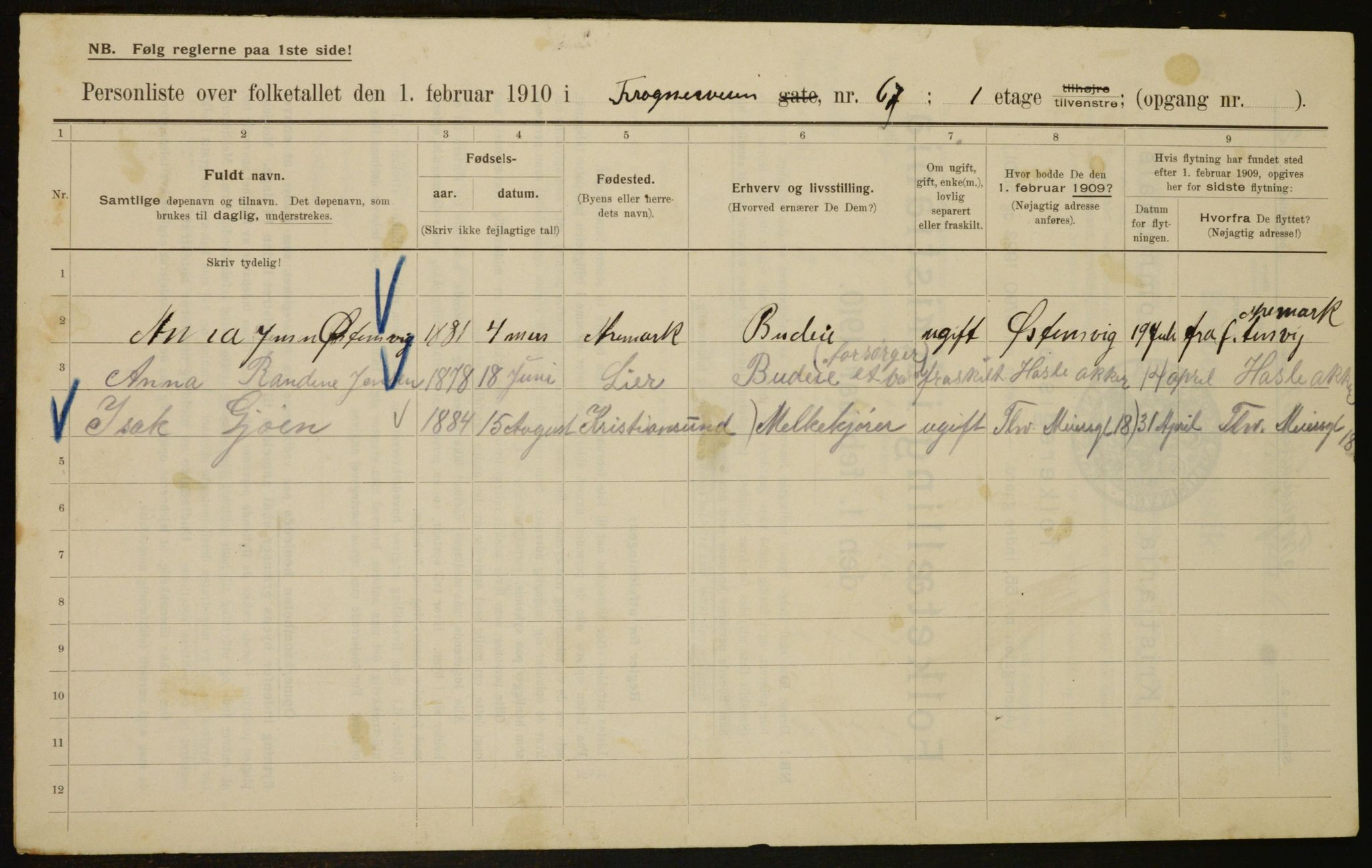 OBA, Municipal Census 1910 for Kristiania, 1910, p. 26166