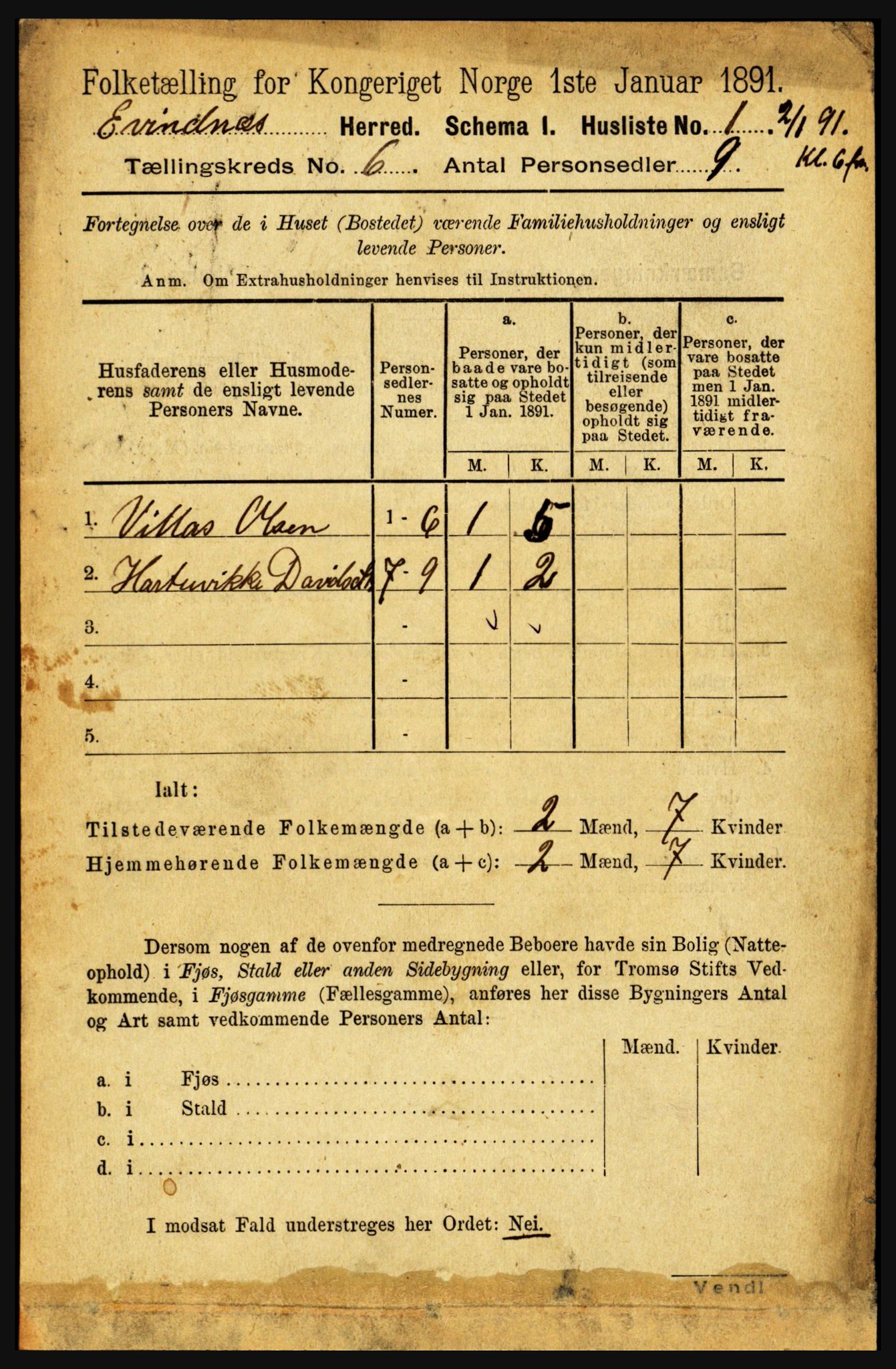 RA, 1891 census for 1853 Evenes, 1891, p. 1885