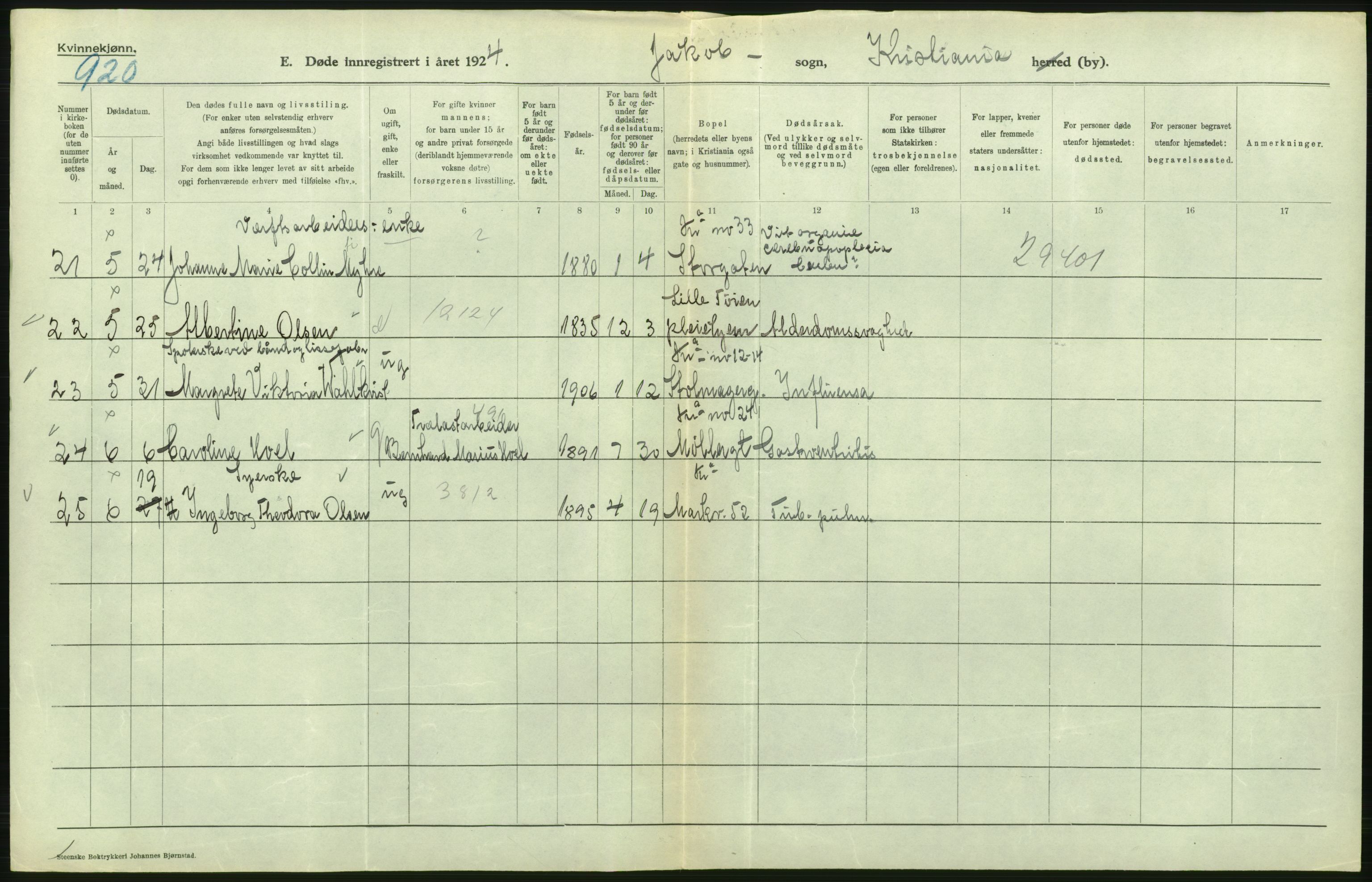 Statistisk sentralbyrå, Sosiodemografiske emner, Befolkning, AV/RA-S-2228/D/Df/Dfc/Dfcd/L0009: Kristiania: Døde kvinner, dødfødte, 1924, p. 226