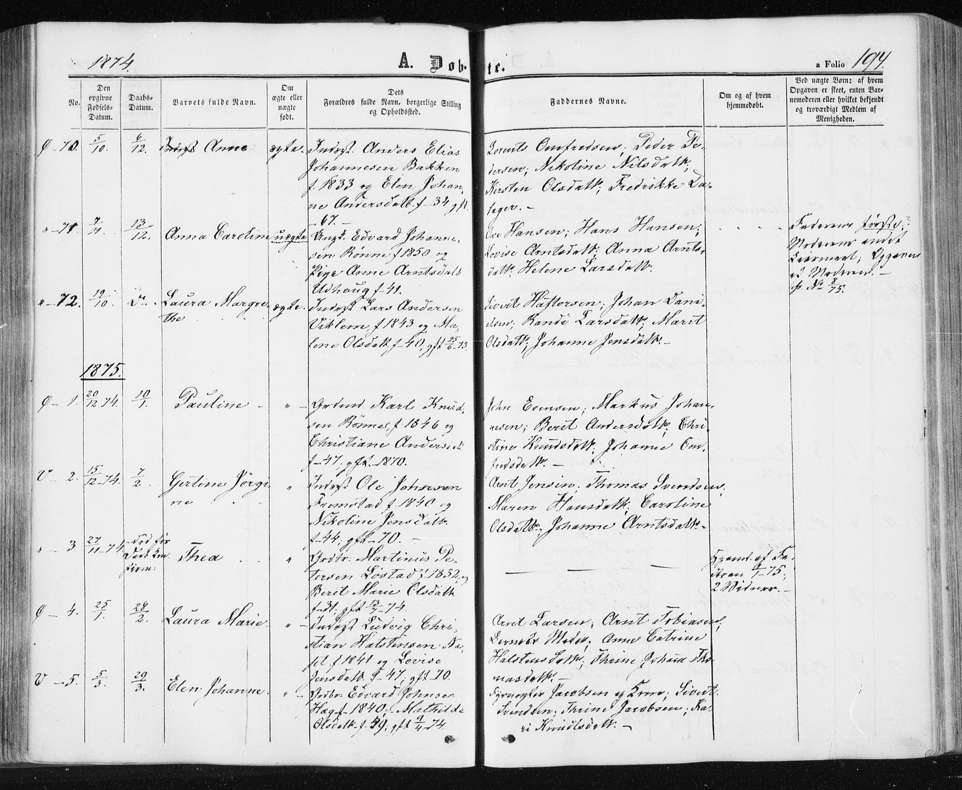 Ministerialprotokoller, klokkerbøker og fødselsregistre - Sør-Trøndelag, SAT/A-1456/659/L0737: Parish register (official) no. 659A07, 1857-1875, p. 194