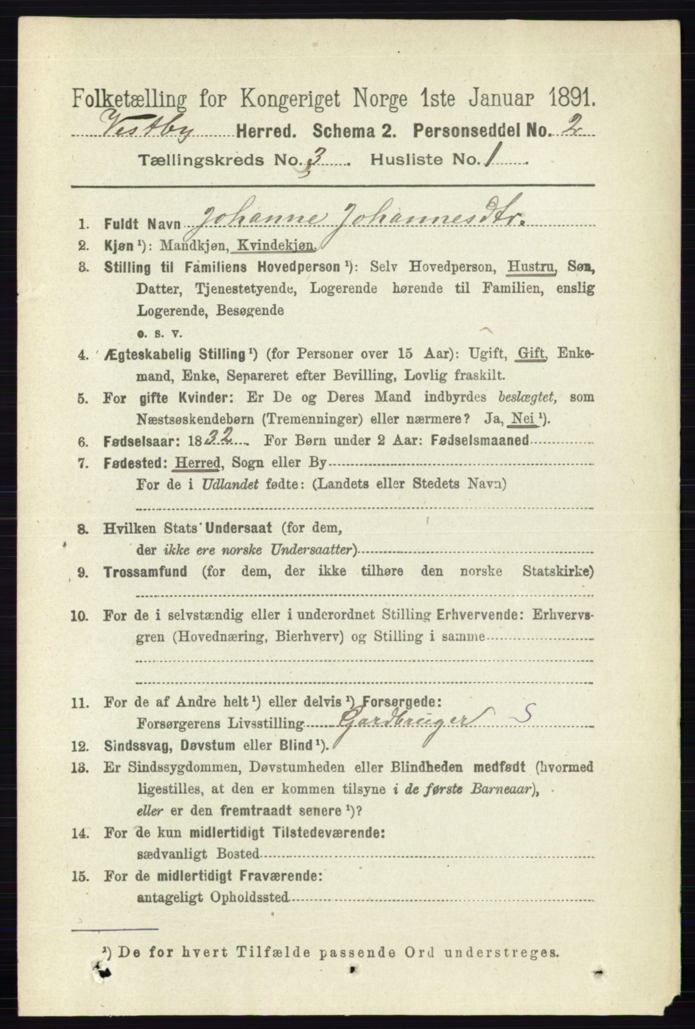 RA, 1891 census for 0211 Vestby, 1891, p. 1032