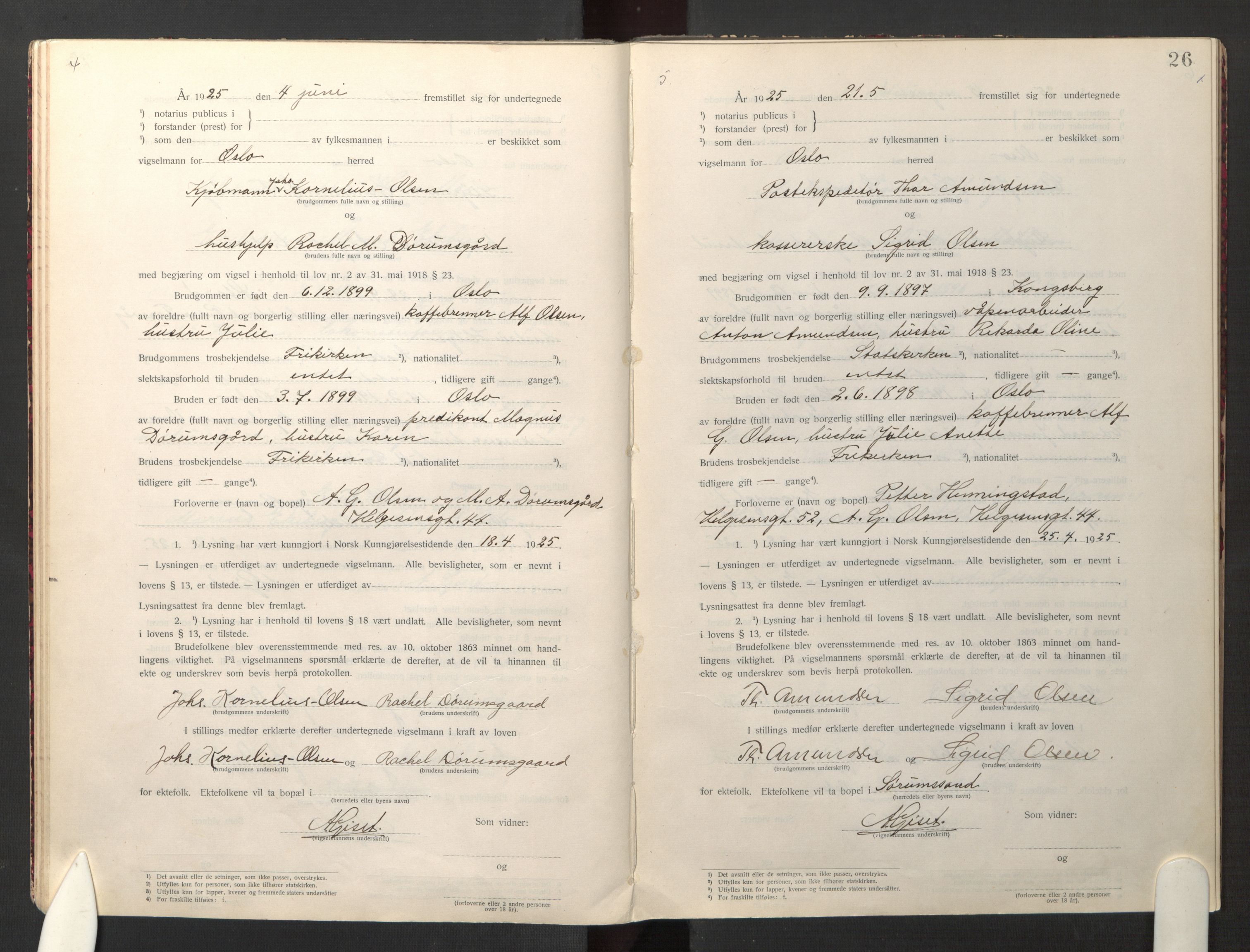 Den evangelisk-lutherske frikirke østre menighet, Oslo, AV/SAO-PAO-0245/F/L0005: Marriage register (dissenter) no. 5, 1920-1941, p. 26