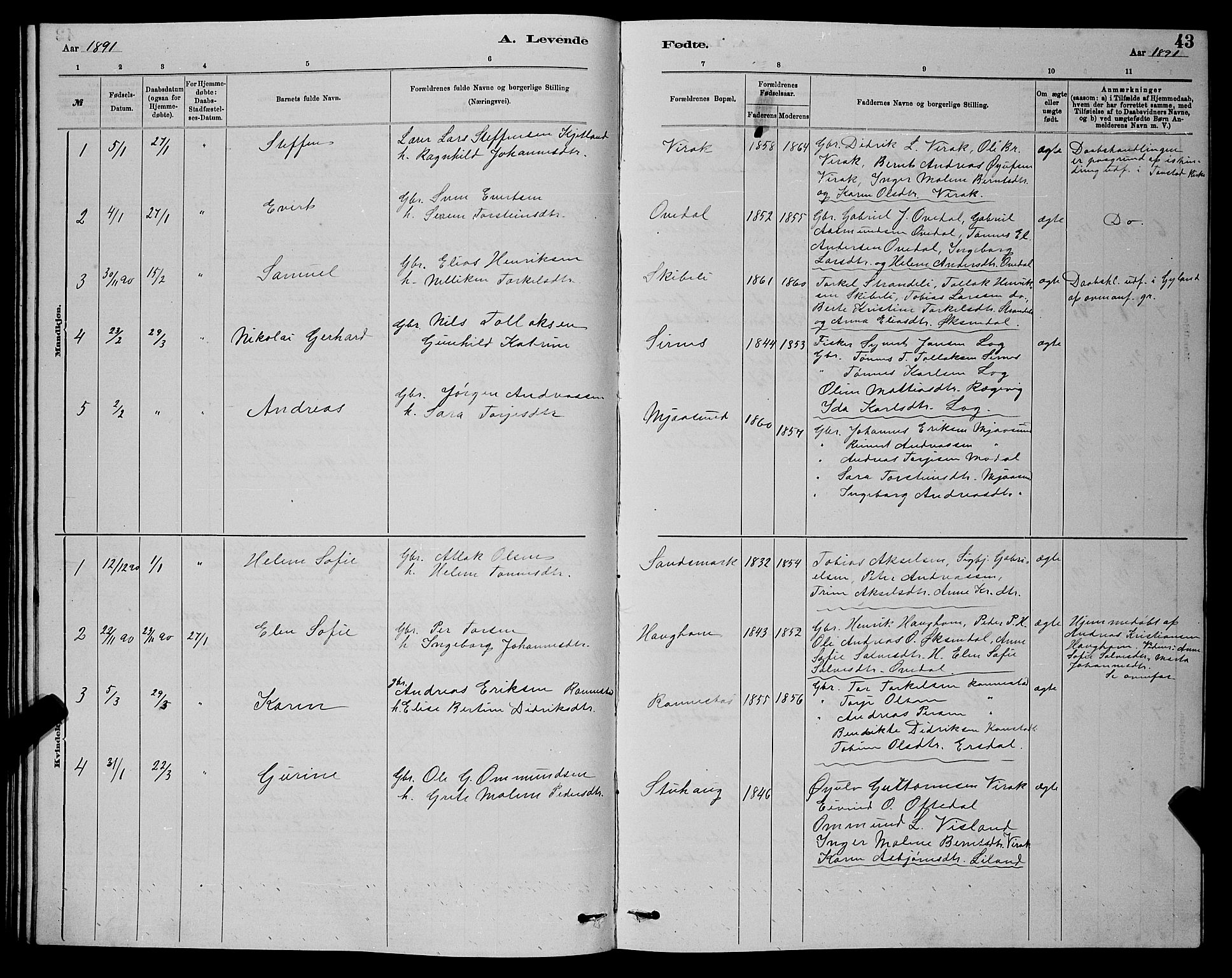 Bakke sokneprestkontor, SAK/1111-0002/F/Fb/Fba/L0002: Parish register (copy) no. B 2, 1879-1893, p. 43