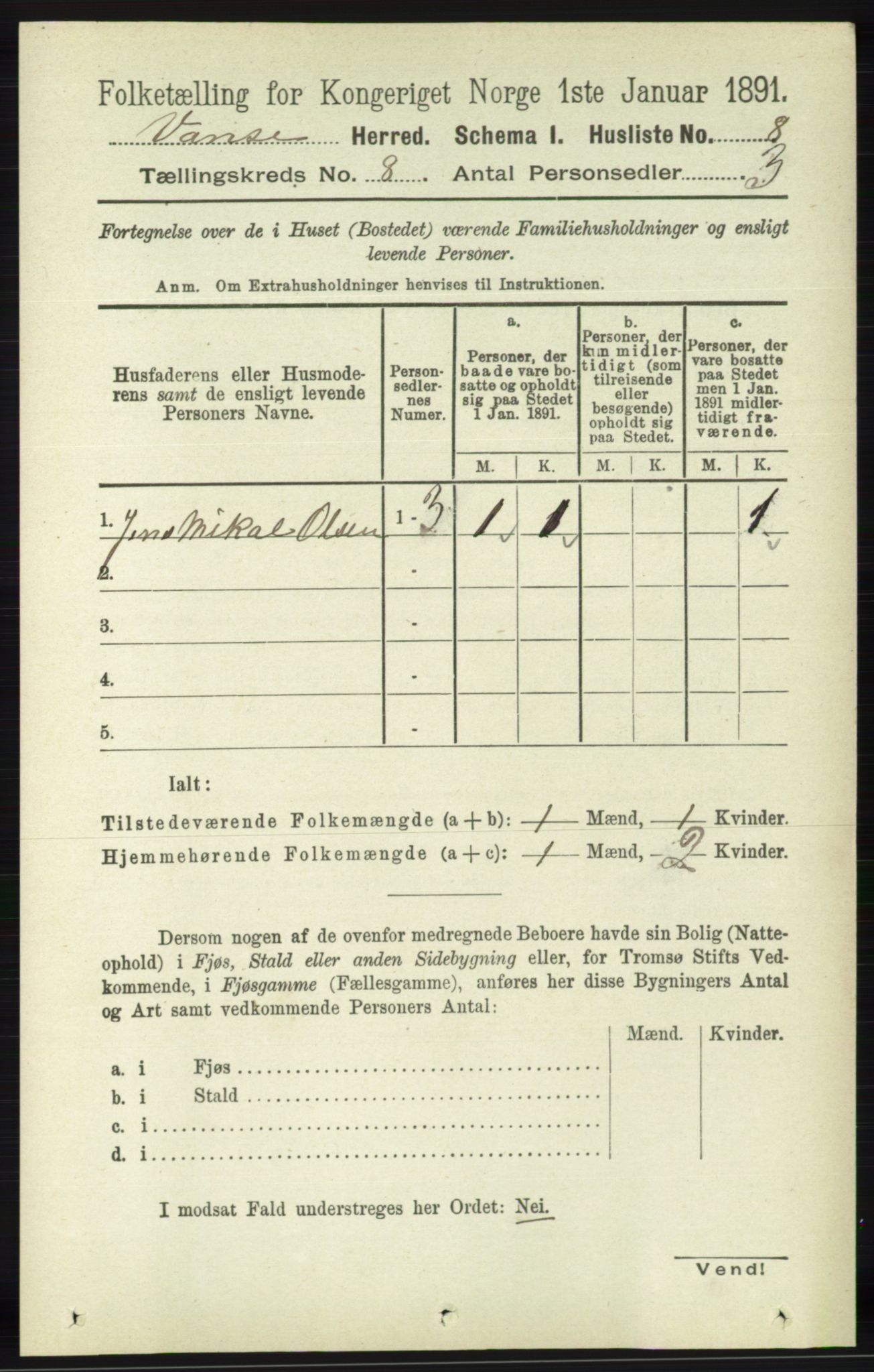 RA, 1891 census for 1041 Vanse, 1891, p. 4848