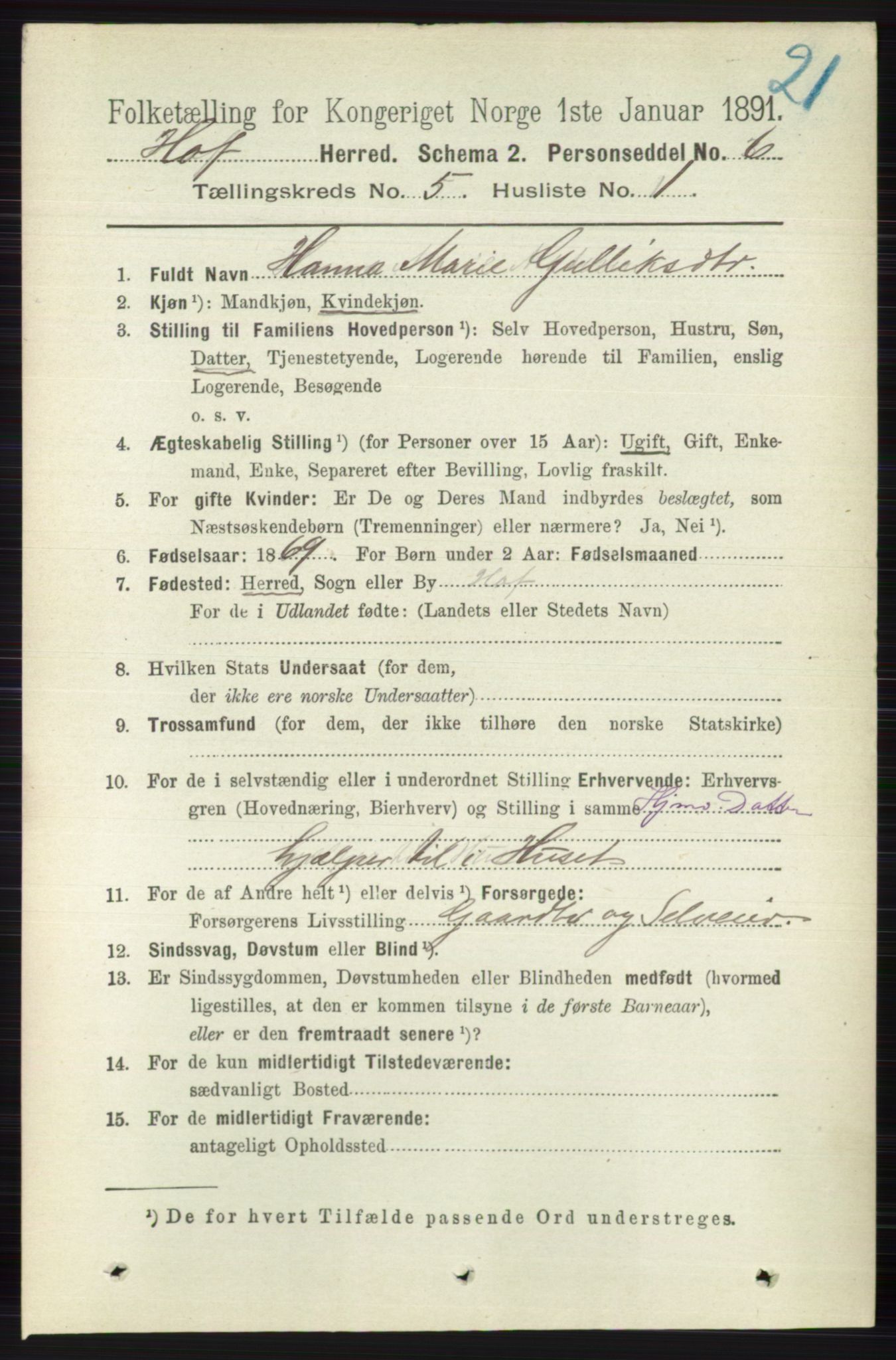 RA, 1891 census for 0714 Hof, 1891, p. 1498