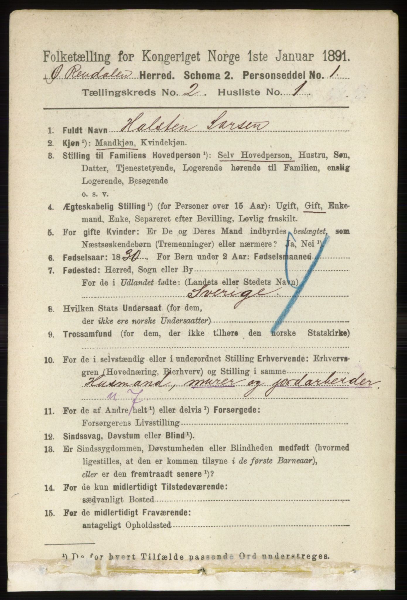 RA, 1891 census for 0433 Øvre Rendal, 1891, p. 403