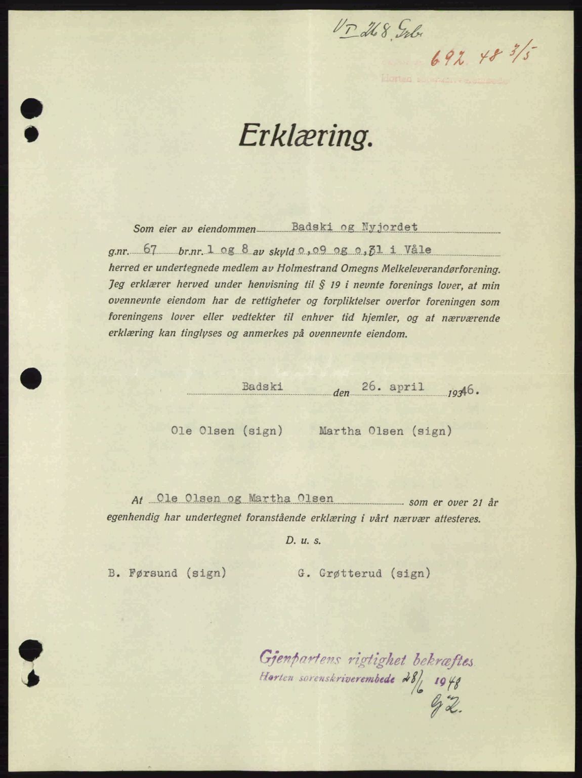 Horten sorenskriveri, AV/SAKO-A-133/G/Ga/Gaa/L0010: Mortgage book no. A-10, 1947-1948, Diary no: : 692/1948