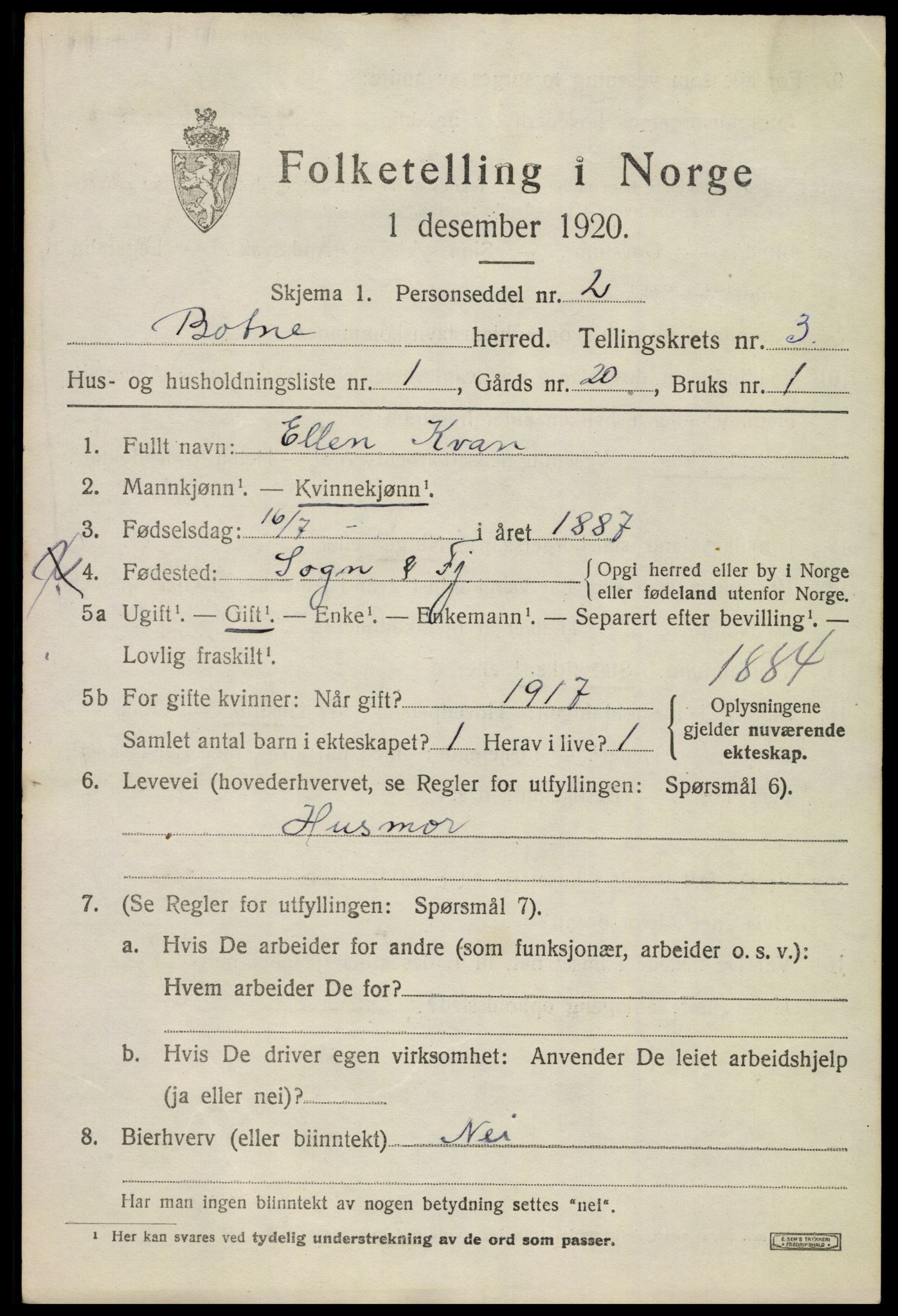 SAKO, 1920 census for Botne, 1920, p. 3075