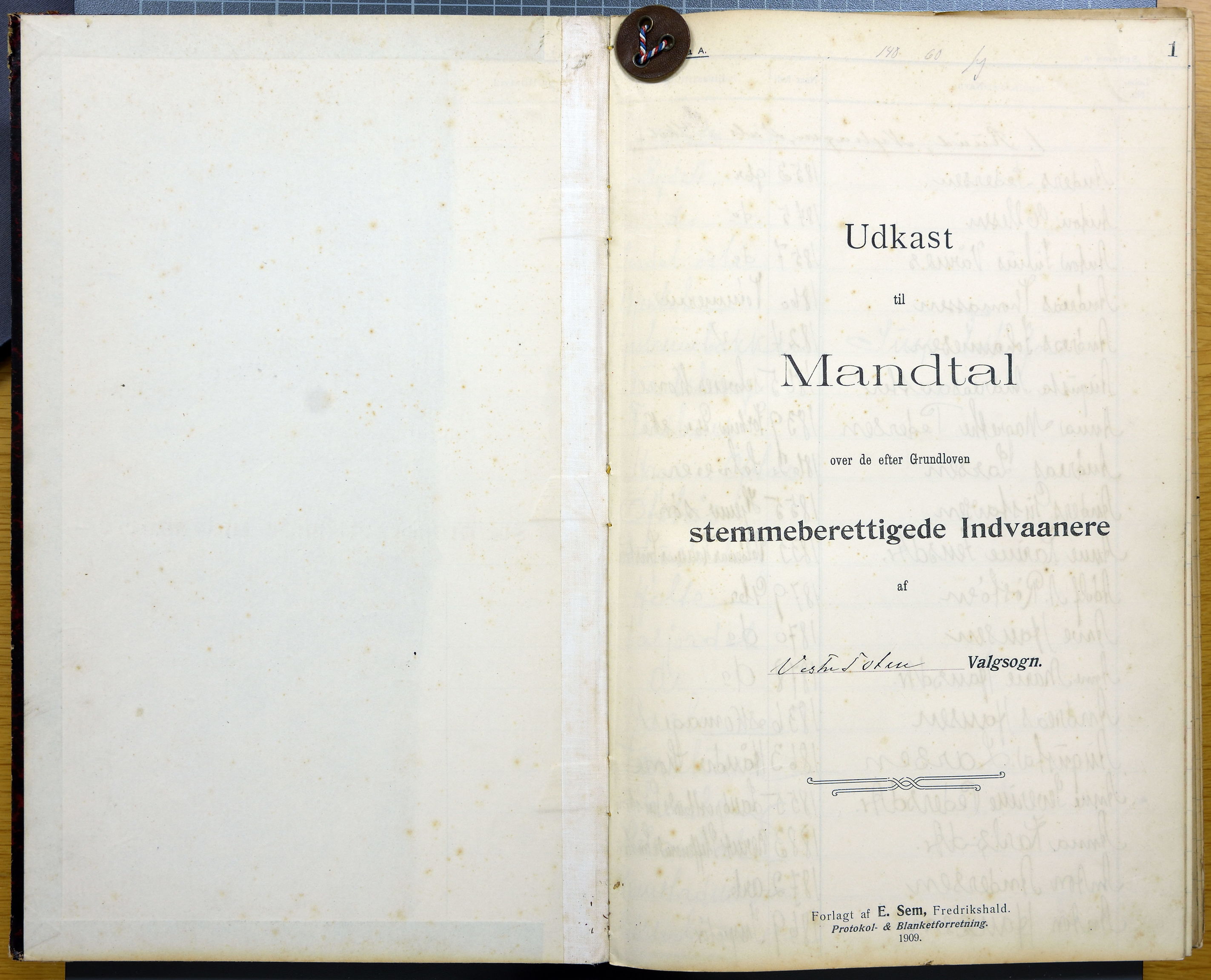 Vestre Toten kommunearkiv*, KVT/-/-/-: Utkast til manntall over stemmeberettigede innbyggere i Vestre Toten valgsokn, 1909, p. 1