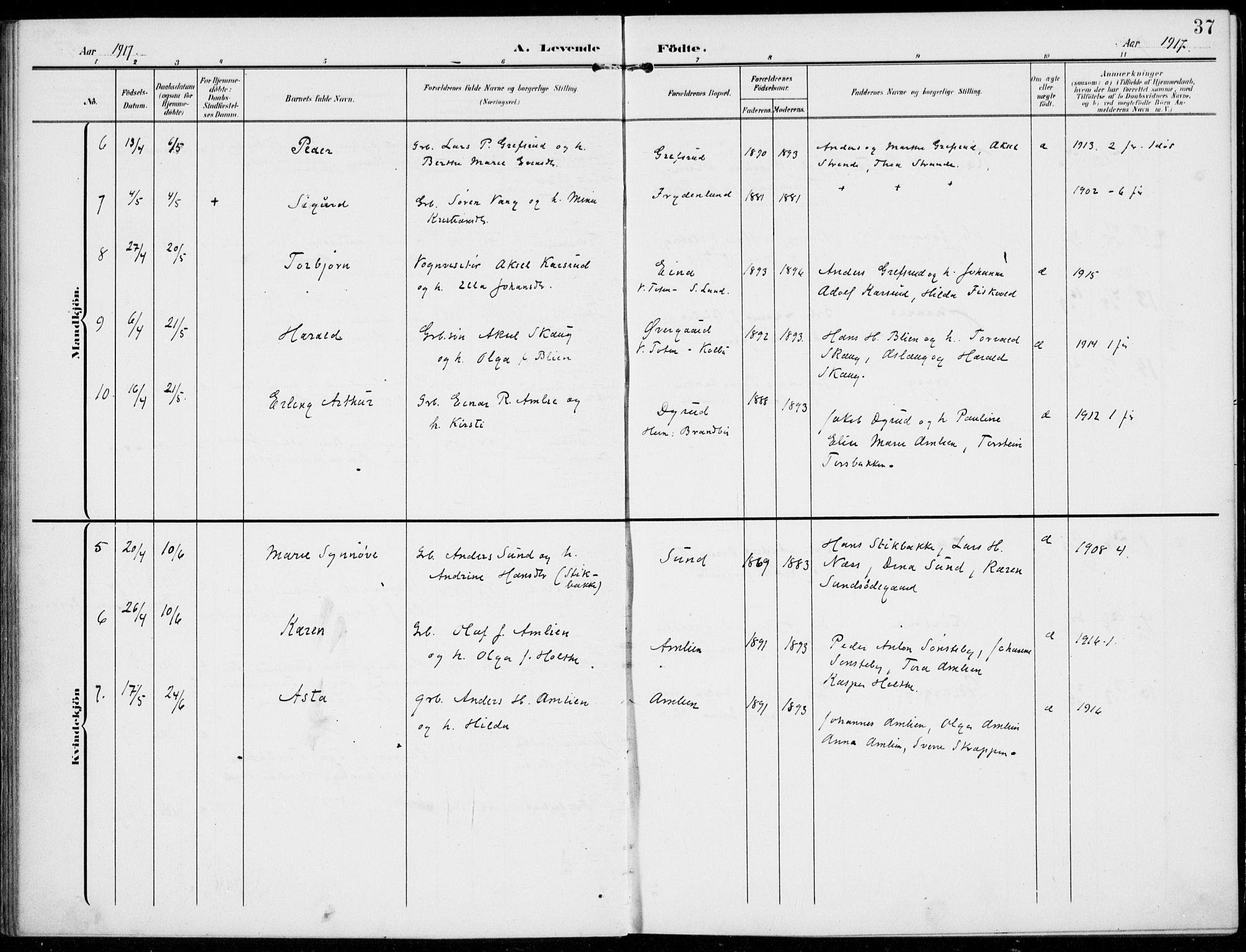 Kolbu prestekontor, SAH/PREST-110/H/Ha/Haa/L0001: Parish register (official) no. 1, 1907-1923, p. 37