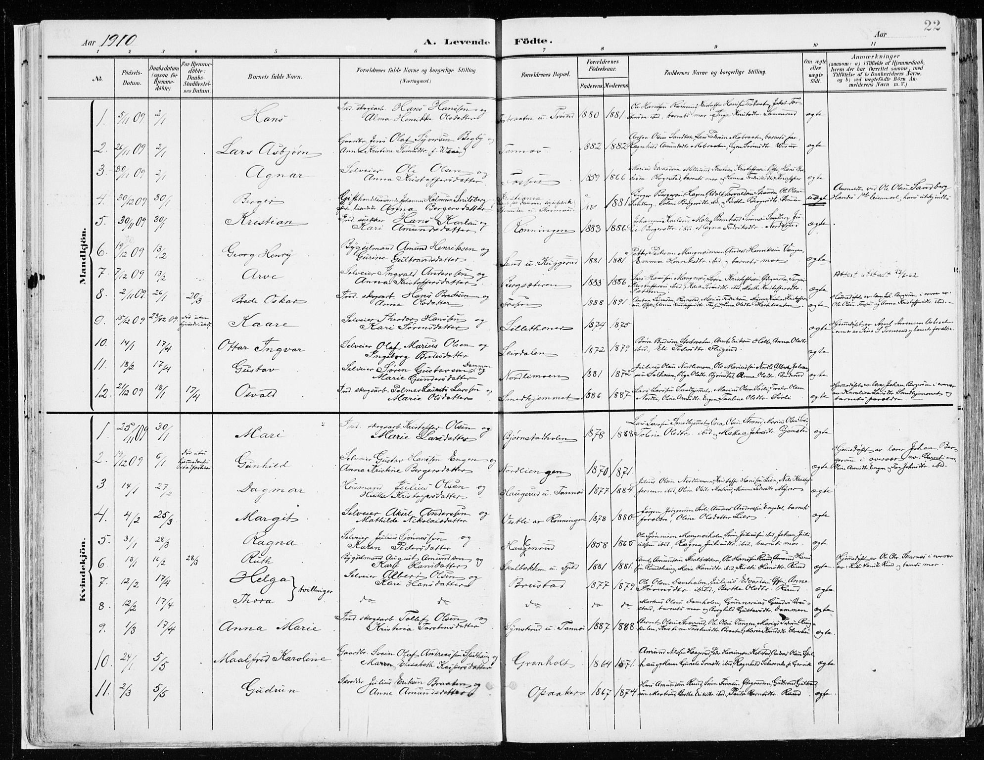 Nord-Odal prestekontor, SAH/PREST-032/H/Ha/Haa/L0009: Parish register (official) no. 9, 1902-1926, p. 22