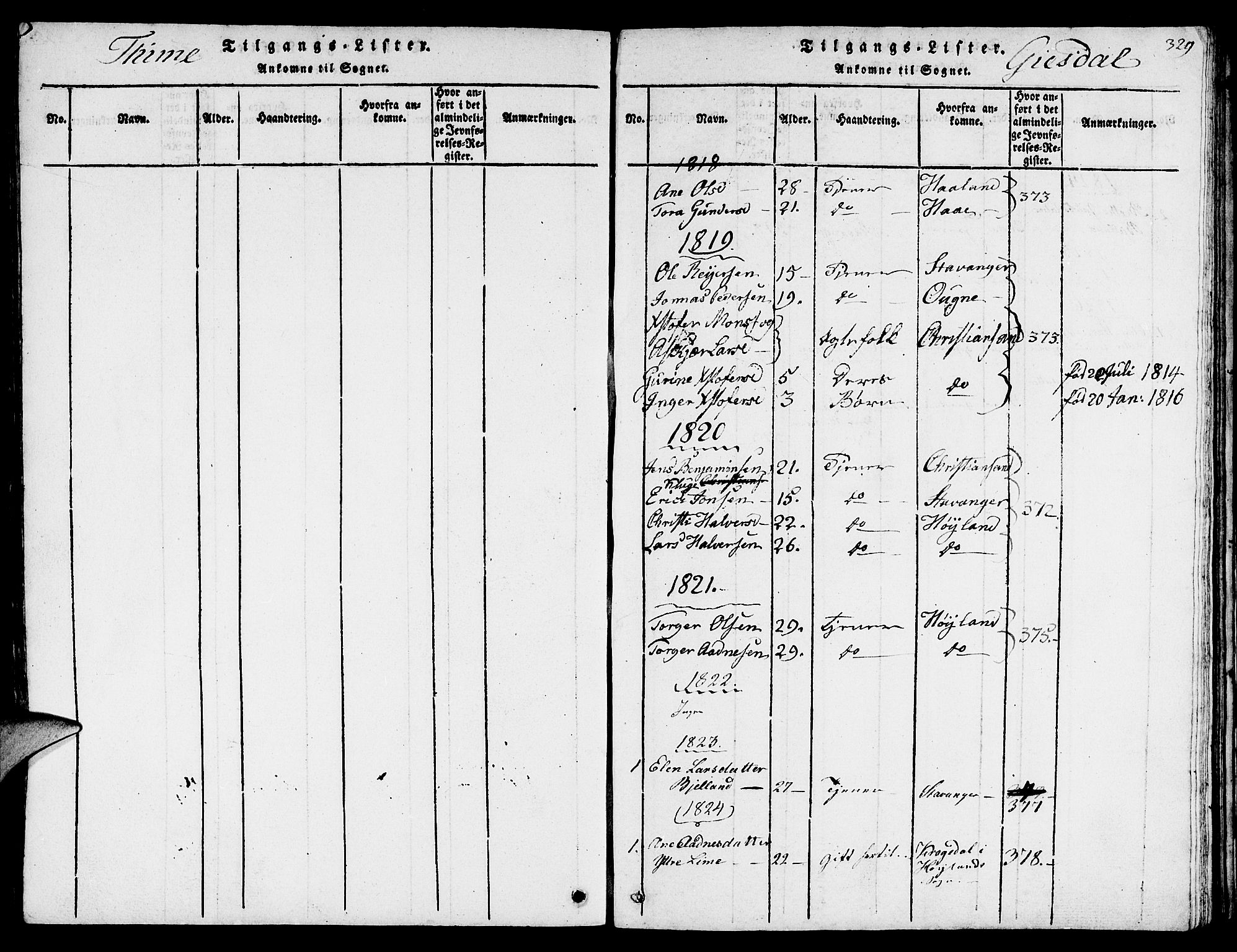 Lye sokneprestkontor, SAST/A-101794/001/30BB/L0001: Parish register (copy) no. B 1 /2, 1816-1826, p. 329