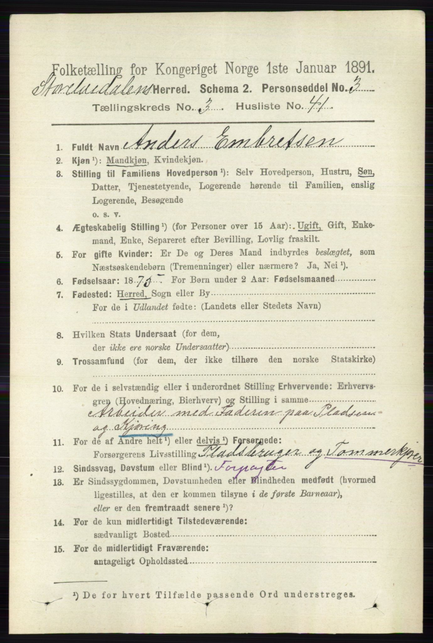 RA, 1891 census for 0430 Stor-Elvdal, 1891, p. 1130