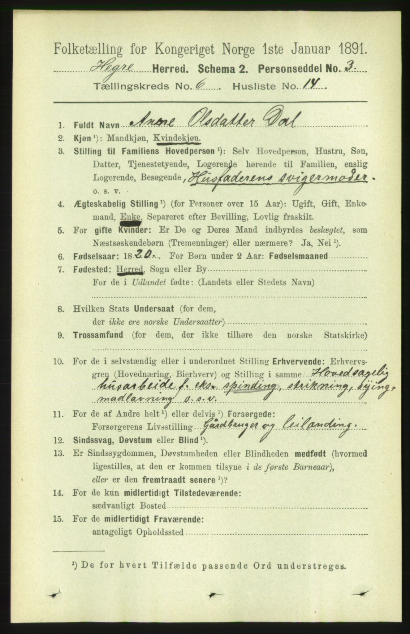 RA, 1891 census for 1712 Hegra, 1891, p. 2428