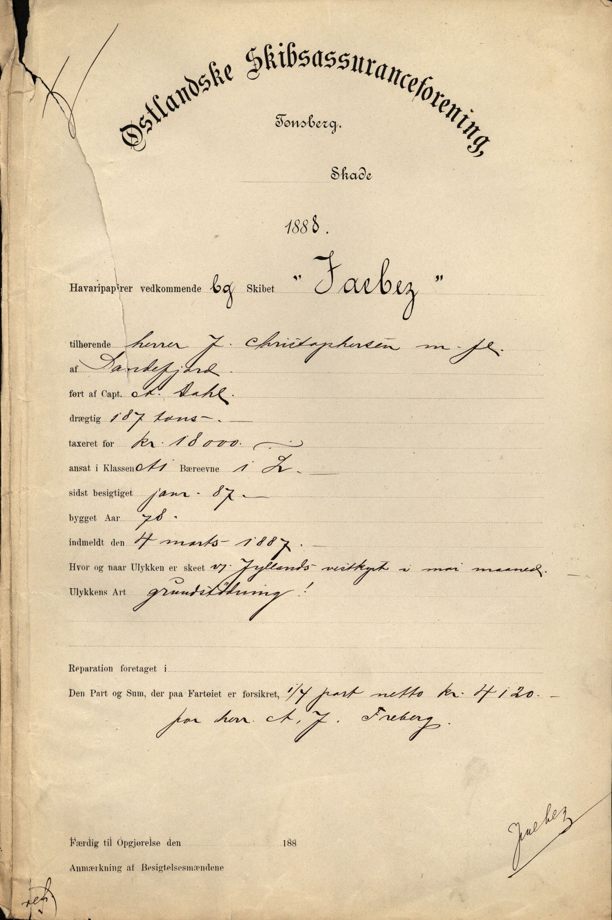 Pa 63 - Østlandske skibsassuranceforening, VEMU/A-1079/G/Ga/L0021/0004: Havaridokumenter / India, Jacbez, Jarlsberg, Kong Carl, Josephine, 1888, p. 11