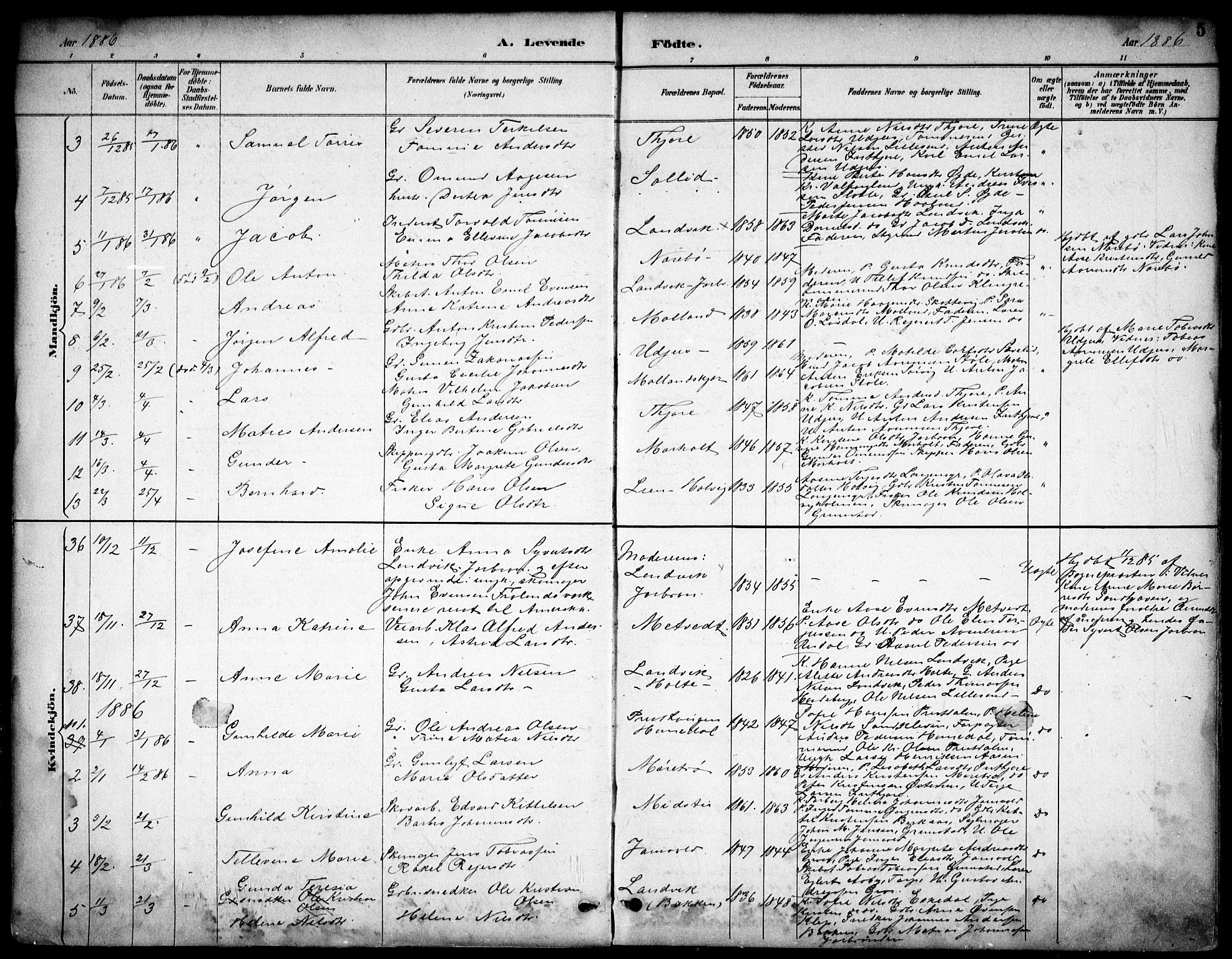 Hommedal sokneprestkontor, AV/SAK-1111-0023/F/Fb/Fbb/L0007: Parish register (copy) no. B 7, 1885-1904, p. 5