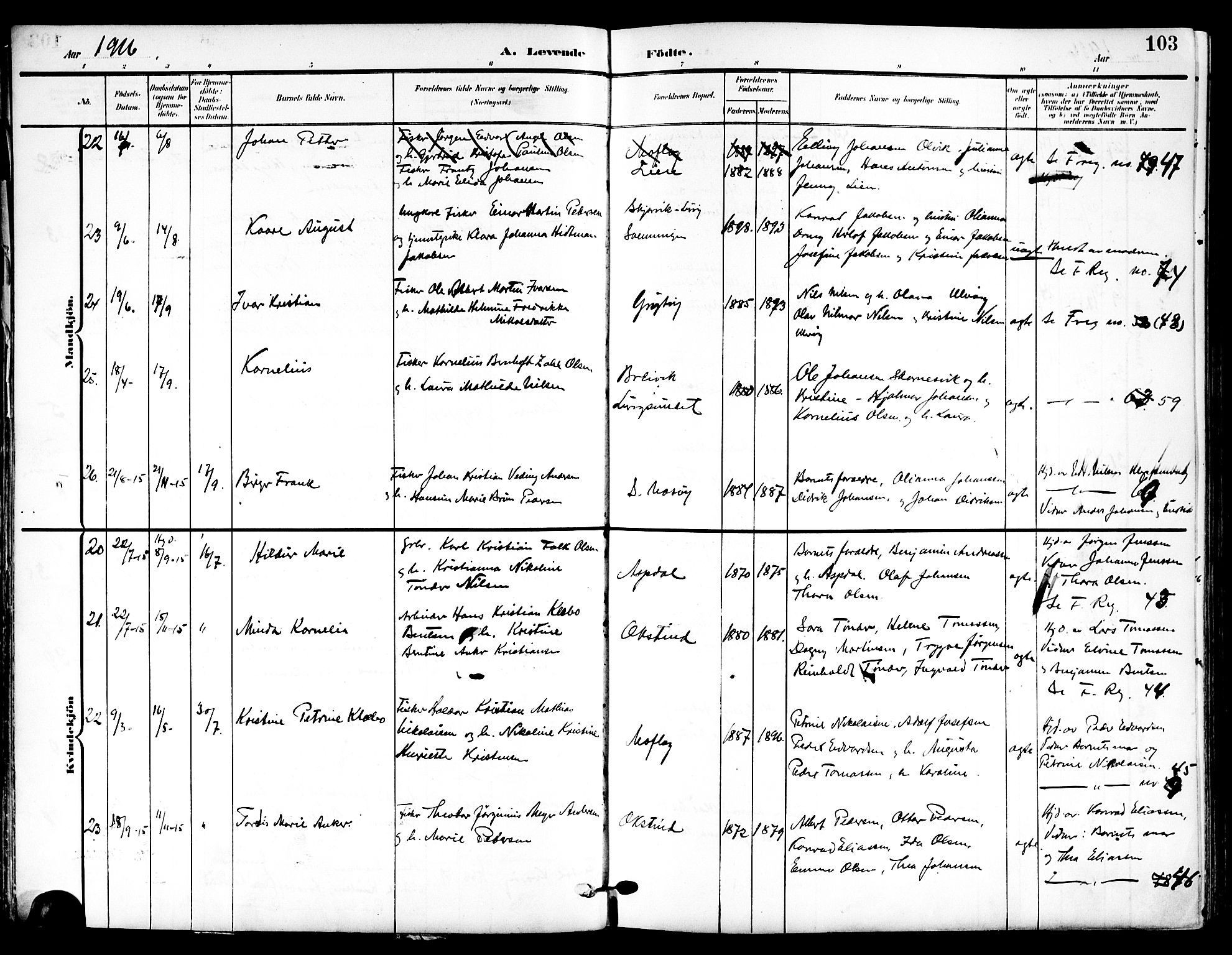 Ministerialprotokoller, klokkerbøker og fødselsregistre - Nordland, AV/SAT-A-1459/839/L0569: Parish register (official) no. 839A06, 1903-1922, p. 103