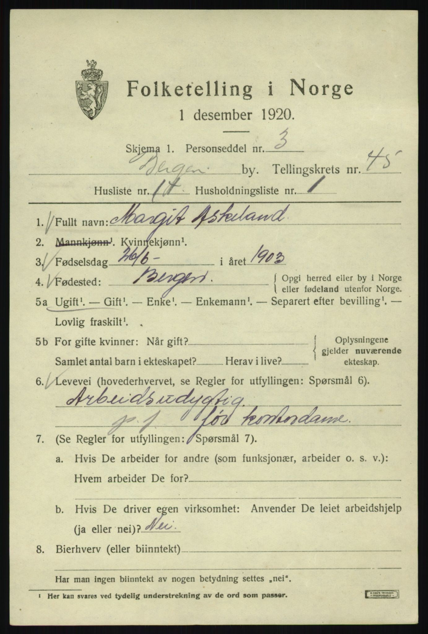 SAB, 1920 census for Bergen, 1920, p. 114166