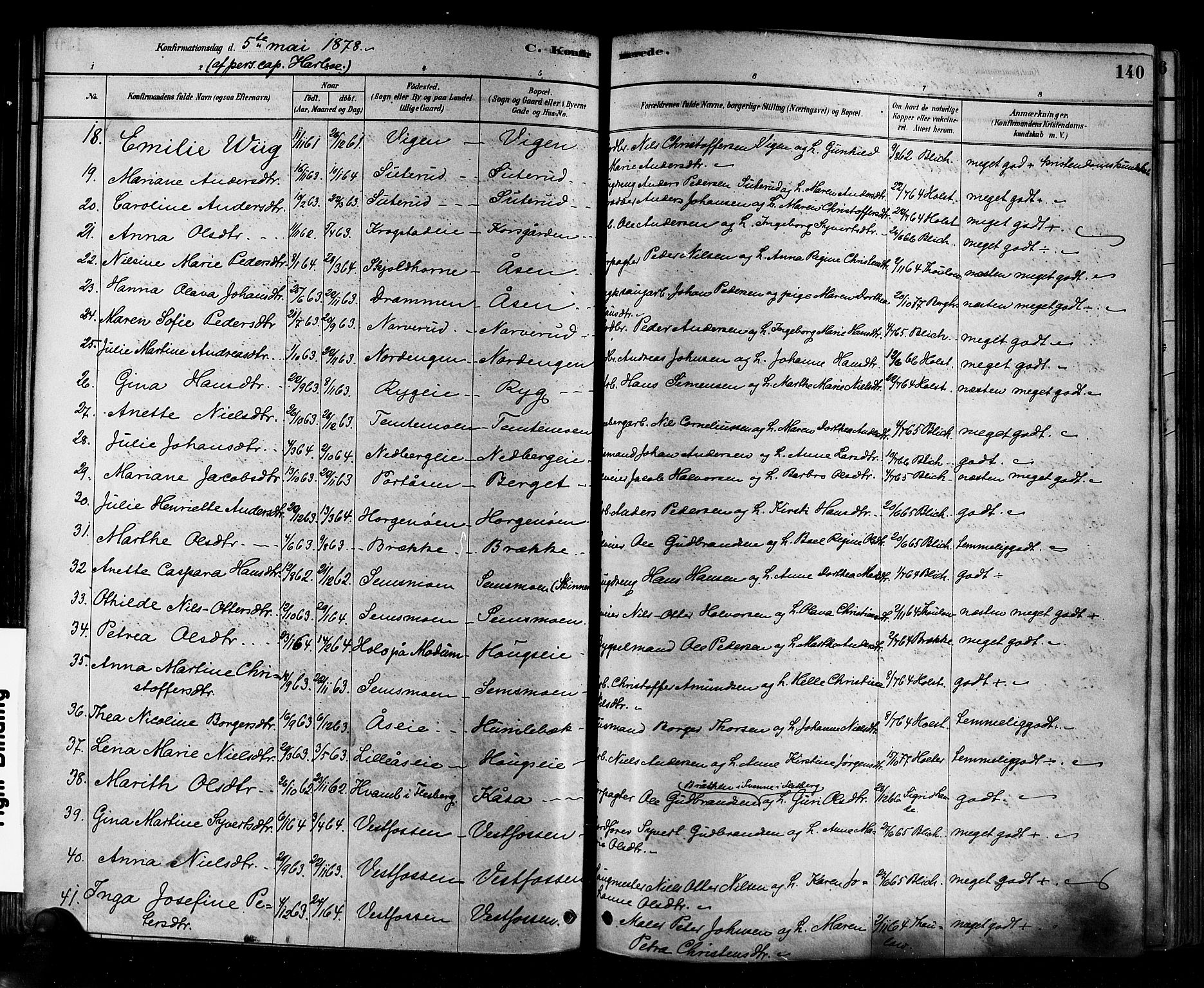 Eiker kirkebøker, SAKO/A-4/F/Fb/L0001: Parish register (official) no. II 1, 1878-1888, p. 140