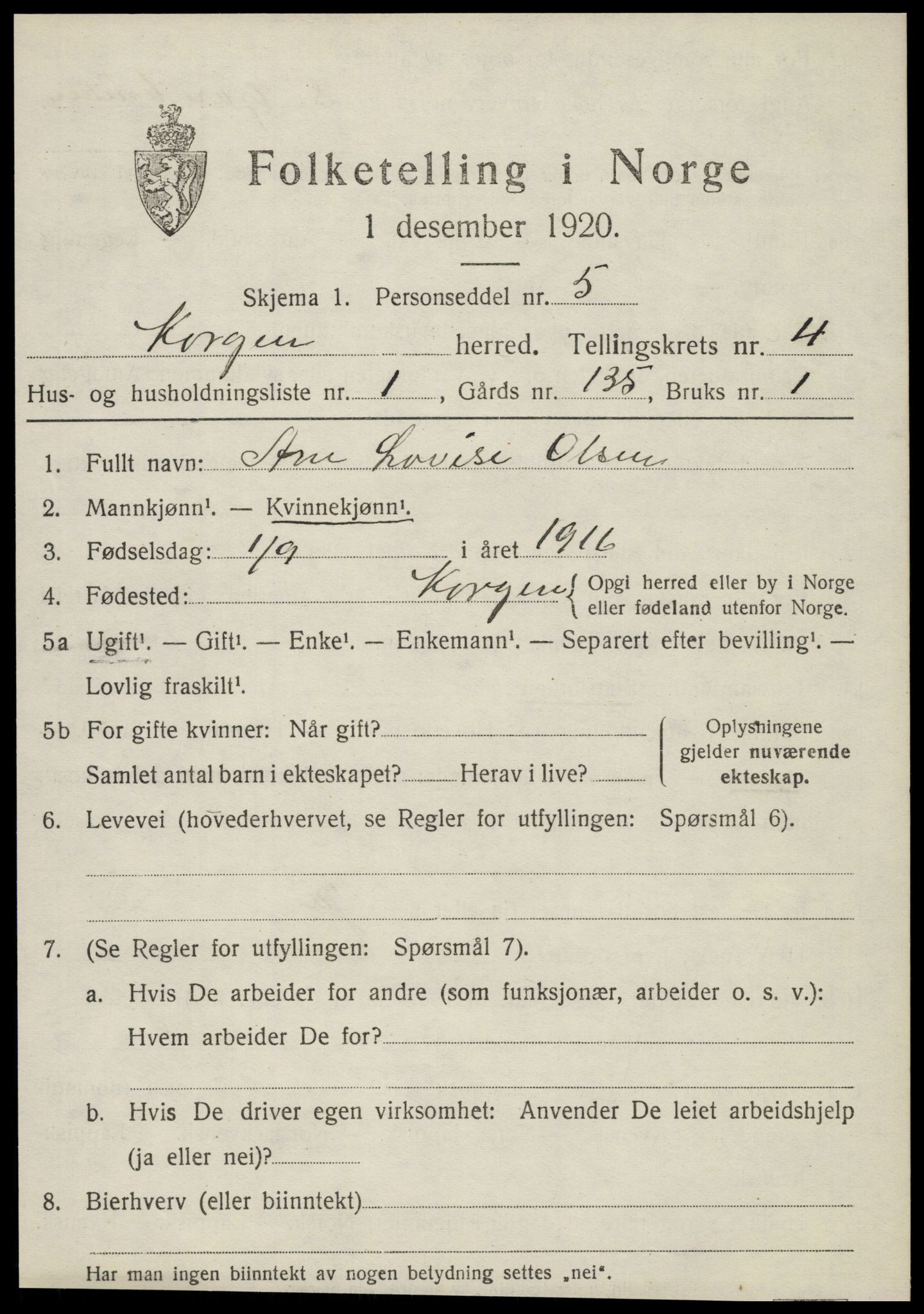 SAT, 1920 census for Korgen, 1920, p. 1748