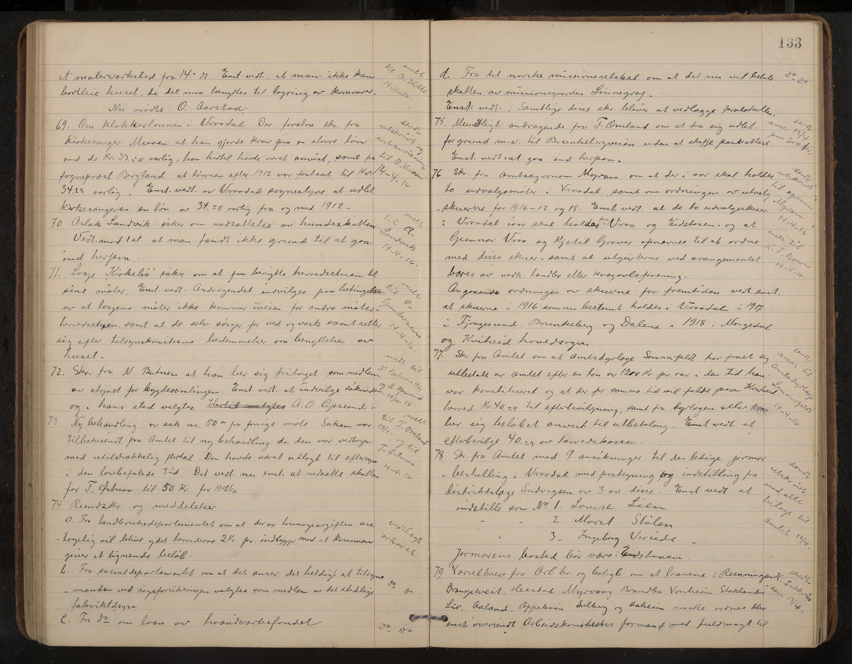 Kviteseid formannskap og sentraladministrasjon, IKAK/0829021/A/Aa/L0005: Møtebok, 1911-1918, p. 133