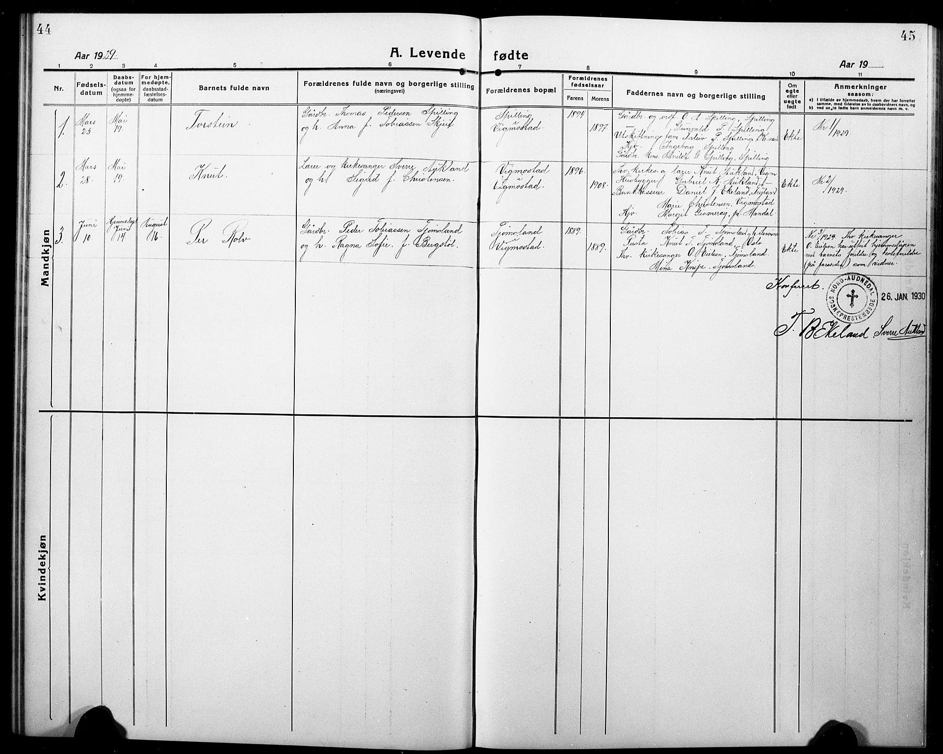 Nord-Audnedal sokneprestkontor, SAK/1111-0032/F/Fb/Fbb/L0005: Parish register (copy) no. B 5, 1918-1929, p. 44-45