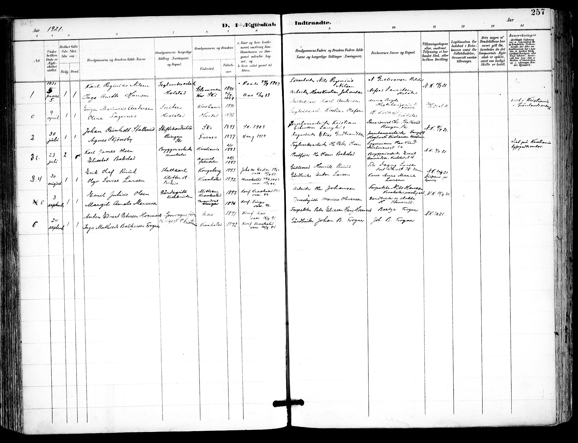 Kråkstad prestekontor Kirkebøker, SAO/A-10125a/F/Fa/L0010: Parish register (official) no. I 10, 1893-1931, p. 257