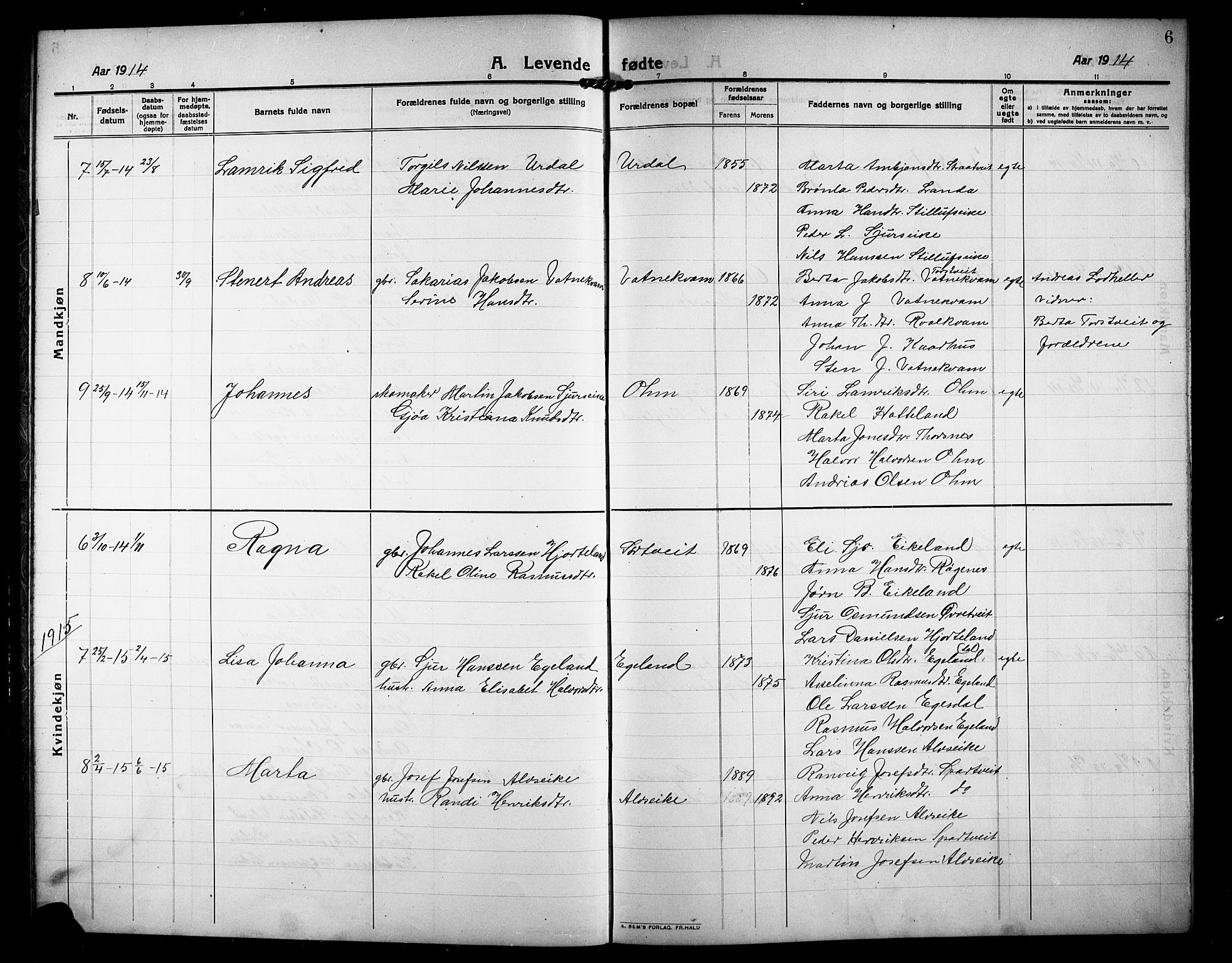 Skjold sokneprestkontor, SAST/A-101847/H/Ha/Hab/L0009: Parish register (copy) no. B 9, 1914-1925, p. 6