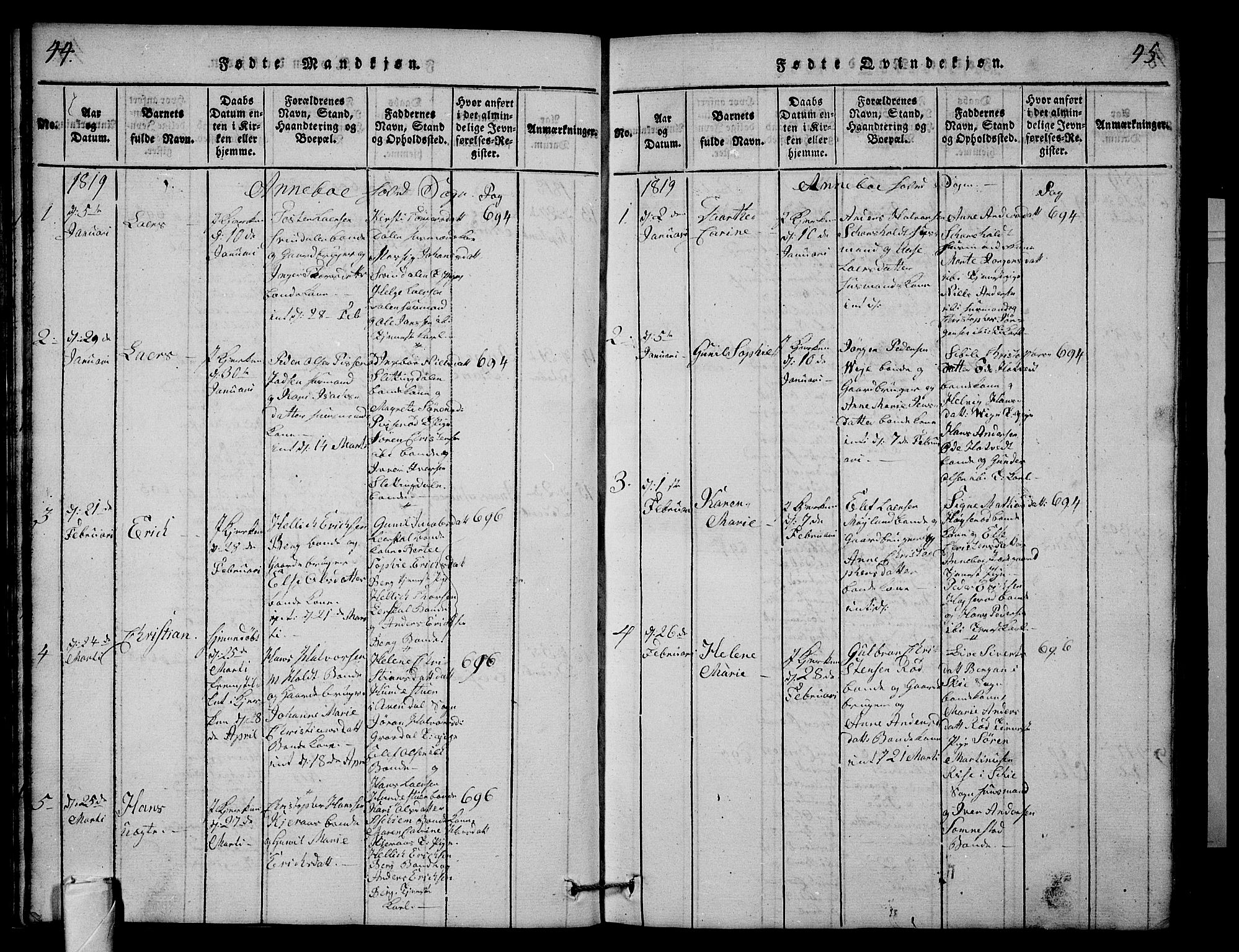 Andebu kirkebøker, AV/SAKO-A-336/G/Ga/L0001: Parish register (copy) no. I 1 /1, 1815-1823, p. 44-45