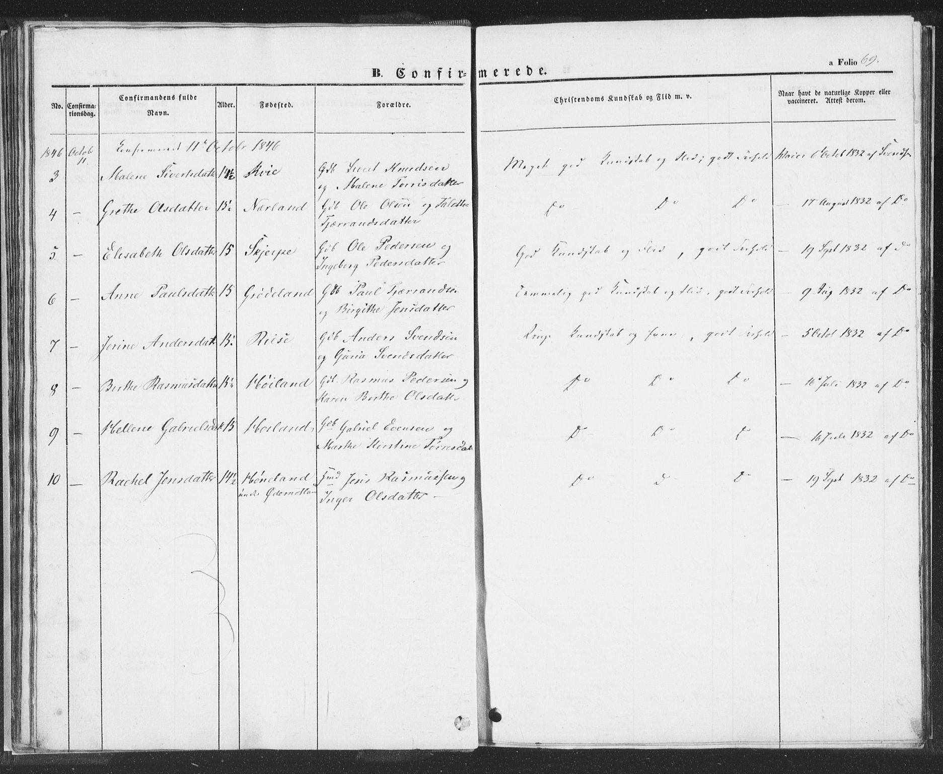 Hå sokneprestkontor, SAST/A-101801/001/30BA/L0006: Parish register (official) no. A 5, 1842-1853, p. 69