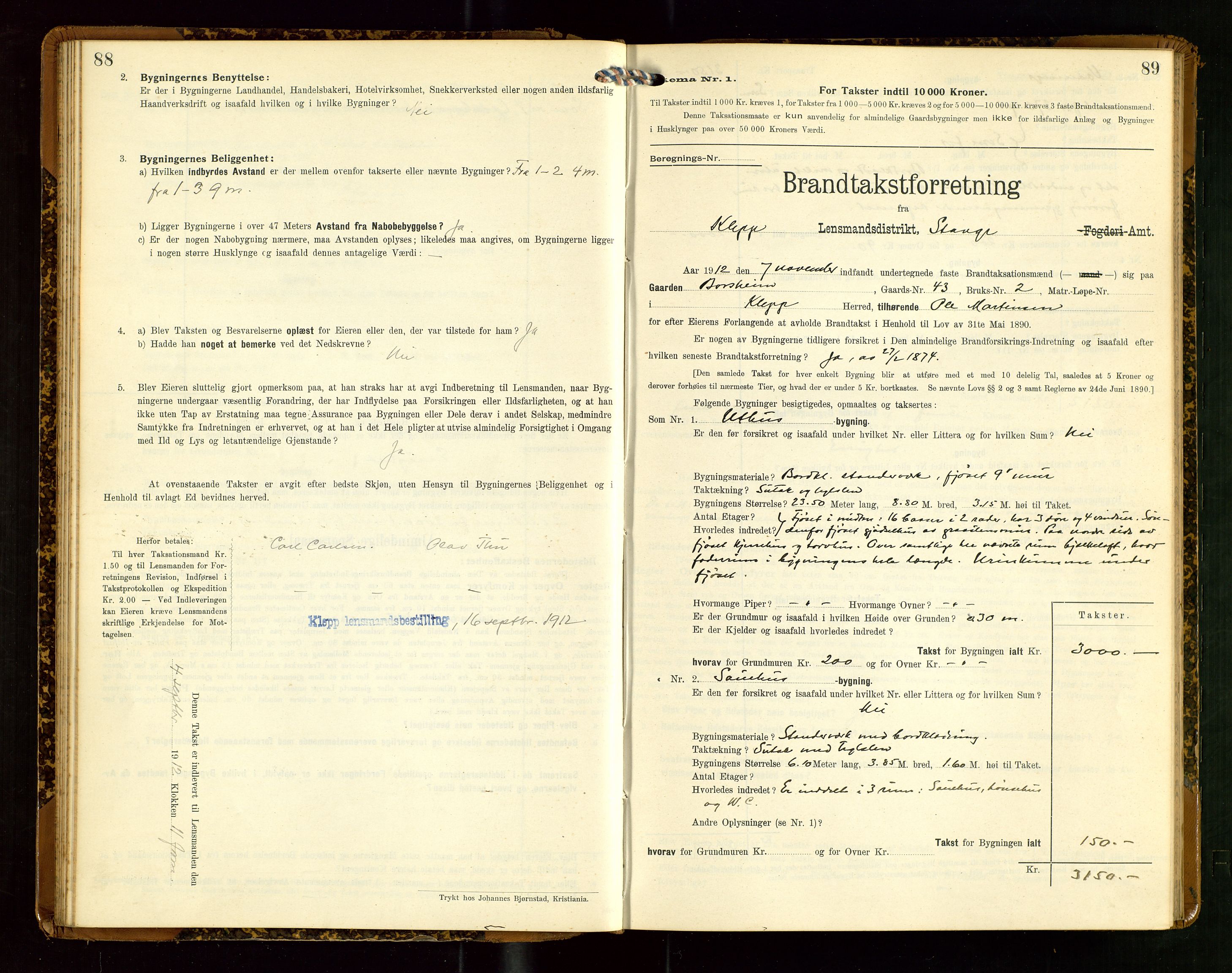 Klepp lensmannskontor, AV/SAST-A-100163/Goc/L0007: "Brandtaxationsprotokol" m/register, 1911-1915, p. 88-89