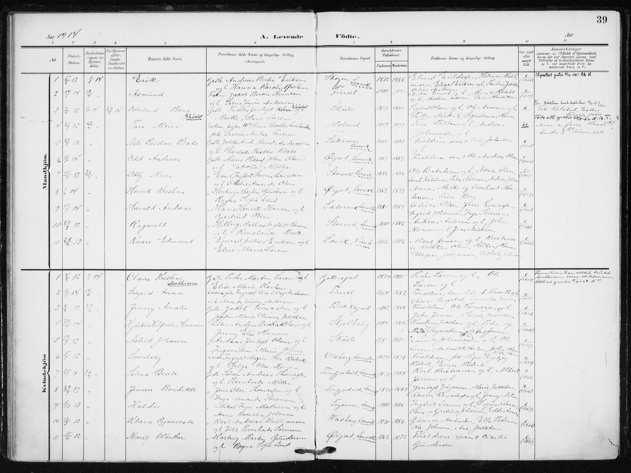Tranøy sokneprestkontor, SATØ/S-1313/I/Ia/Iaa/L0012kirke: Parish register (official) no. 12, 1905-1918, p. 39