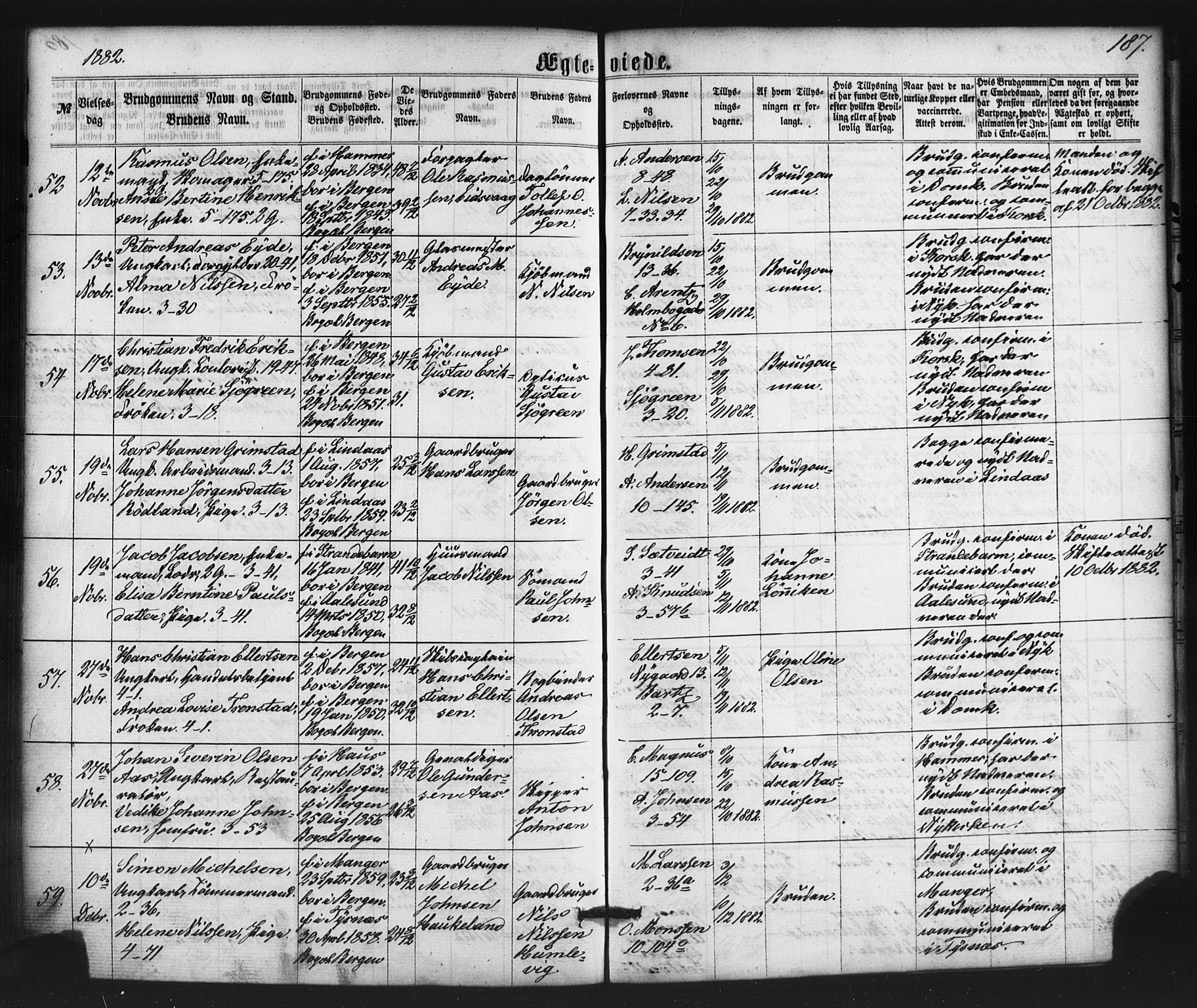 Nykirken Sokneprestembete, AV/SAB-A-77101/H/Haa/L0032: Parish register (official) no. D 2, 1861-1883, p. 187