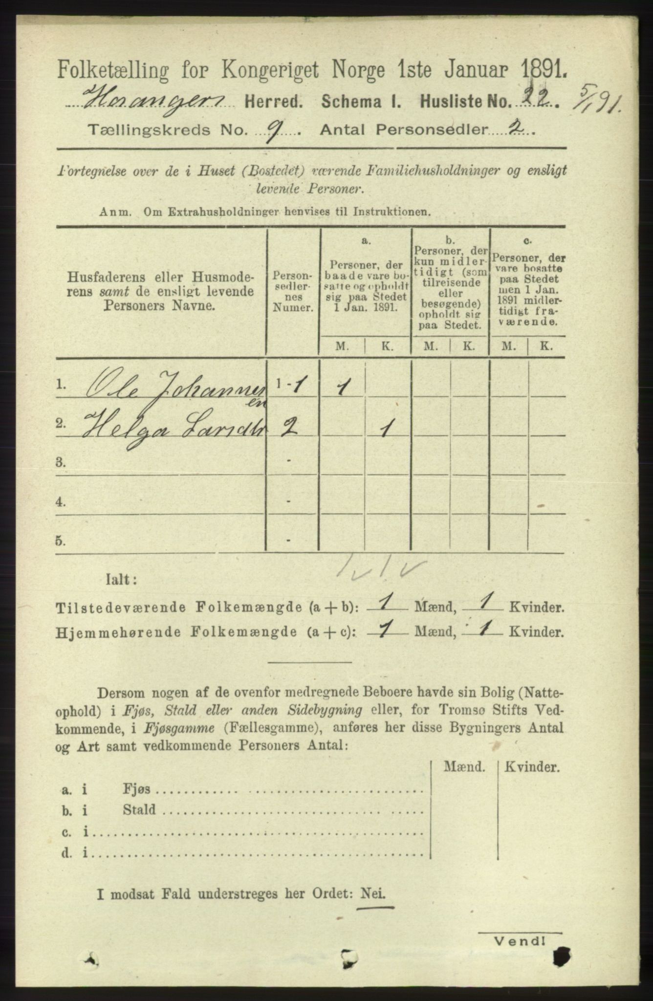 RA, 1891 census for 1253 Hosanger, 1891, p. 3291